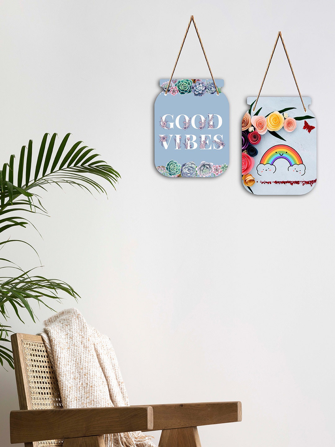 SAF Blue & White 2 Pieces Good Vibes Design Jar Shape Wooden Wall Hangings With Strings