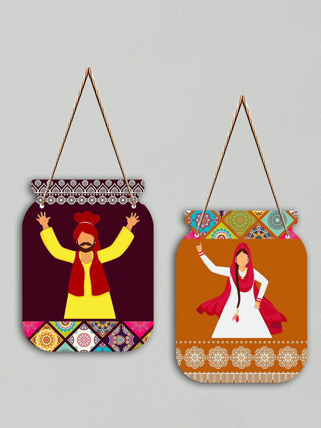 

SAF Brown & Purple 2 Pcs Punjabi Dancer Design Jar Shape Wooden Wall Hangings With Strings