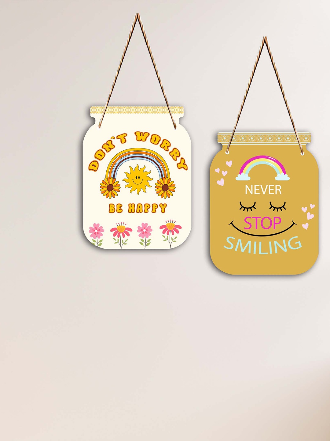

SAF Off-White & Mustard-Yellow 2 Pcs Printed Wooden Wall Hangings