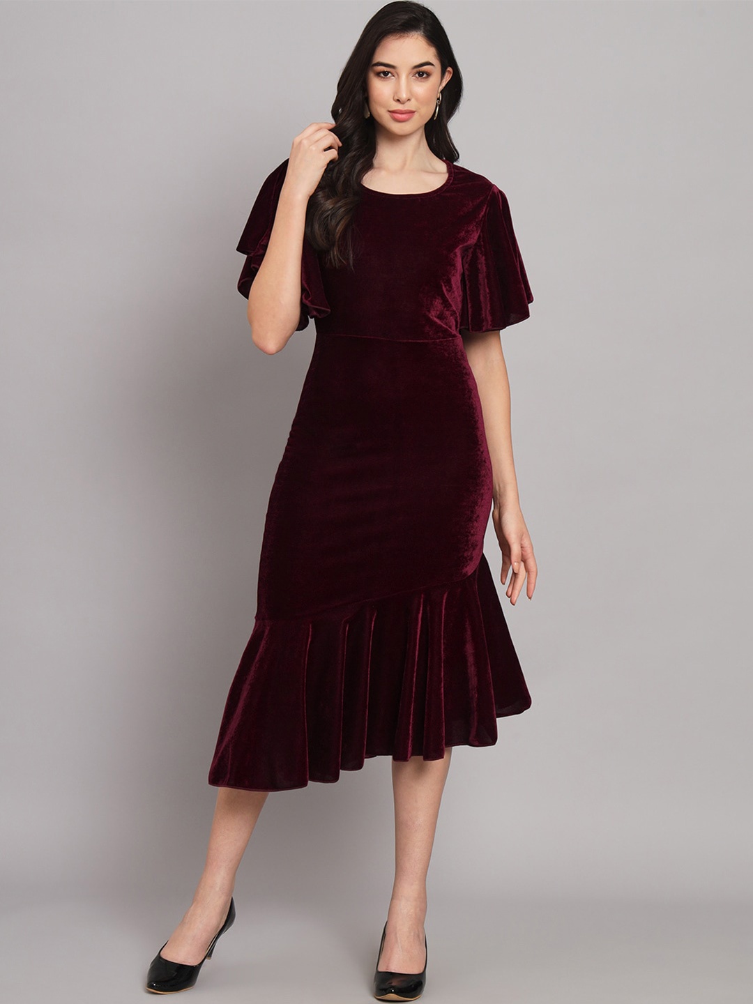 

VAARARO Flared Sleeve Velvet Sheath Midi Dress, Burgundy