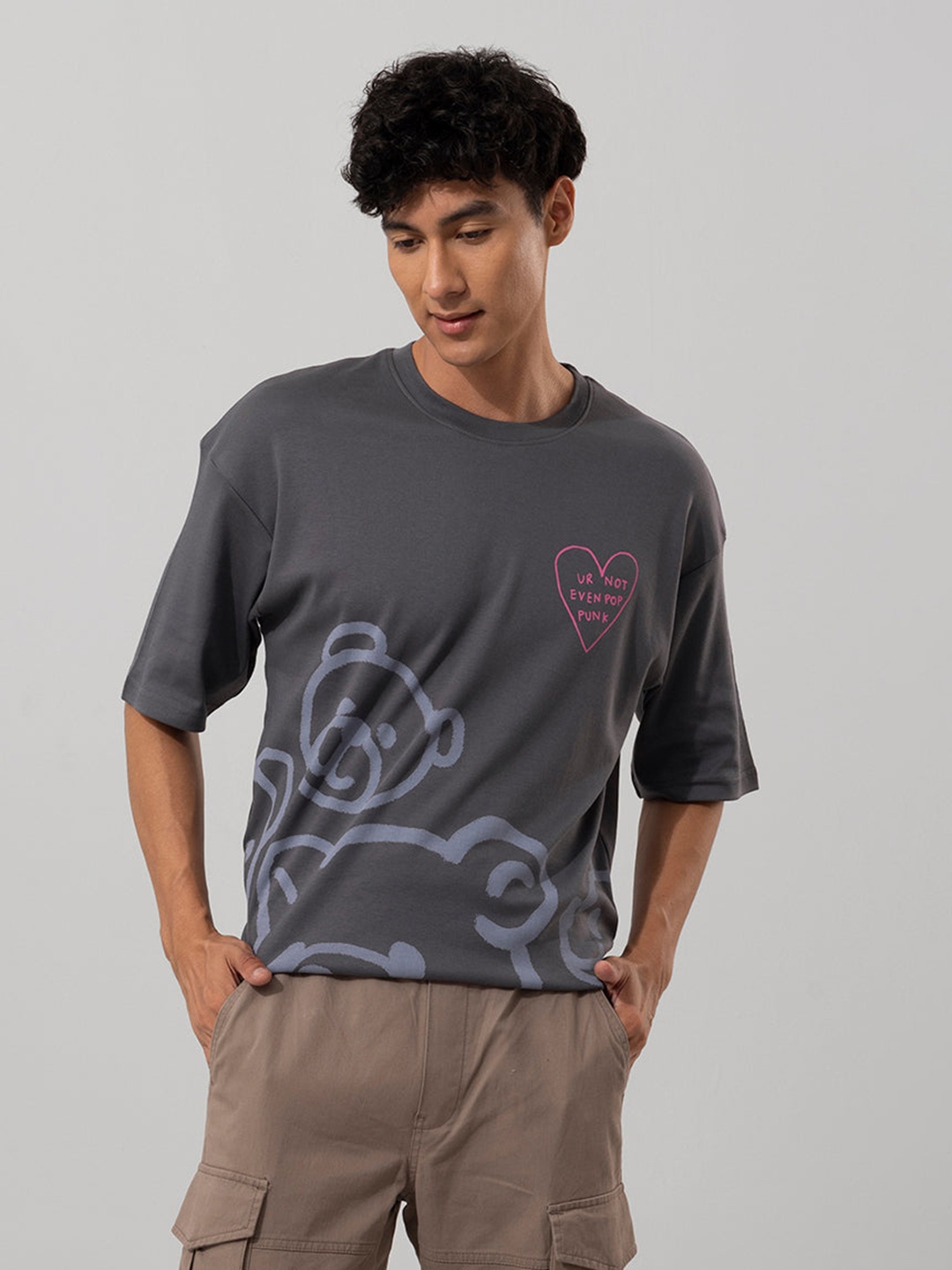 

Snitch Grey Punk Teddy Printed Cotton Oversized T-shirt