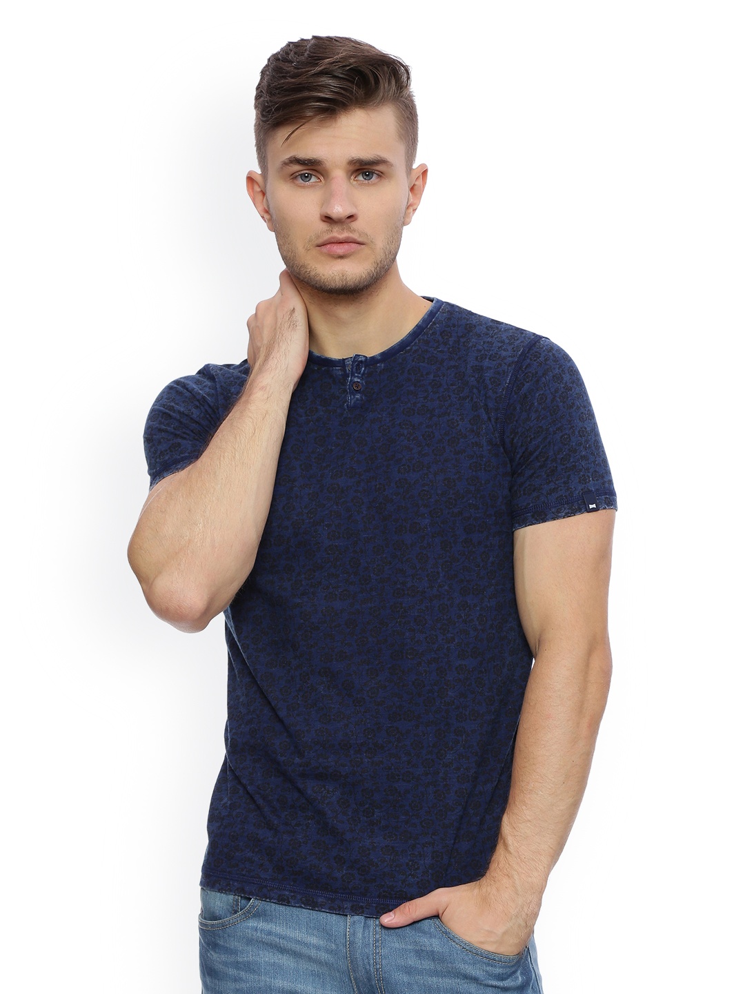 

Basics Men Navy Blue Printed Henley Neck T-shirt