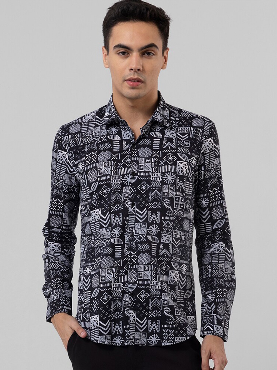 

Snitch Geometric Printed Spread Collar Shirt, Black