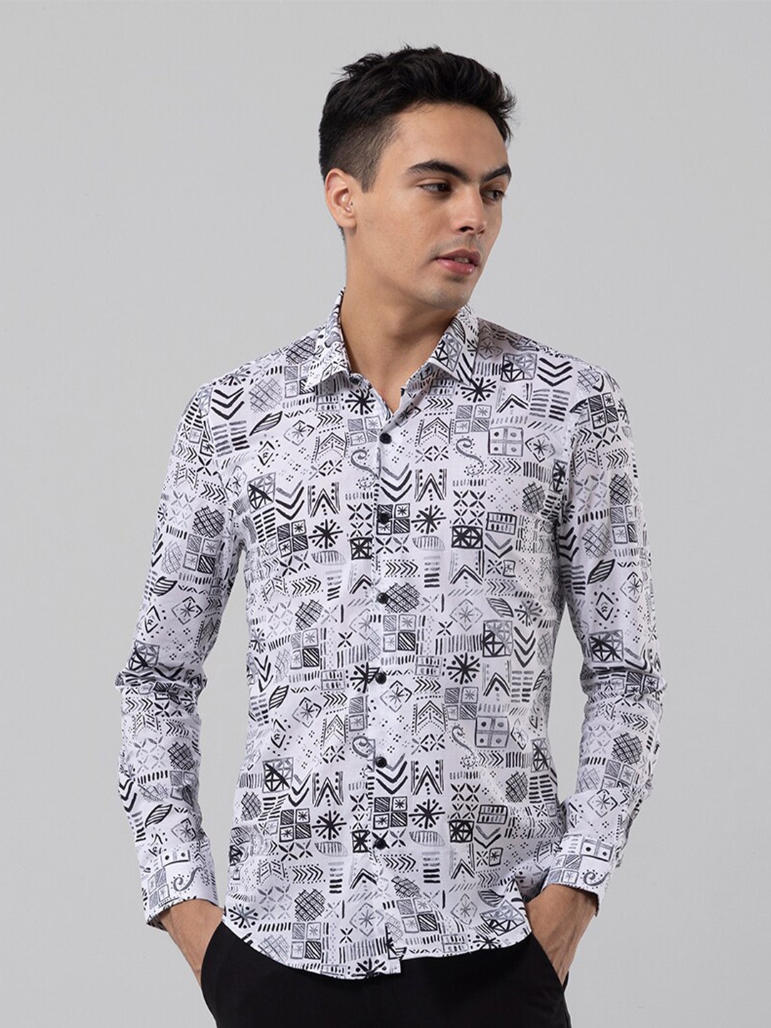 

Snitch Geometric Printed Spread Collar Shirt, White