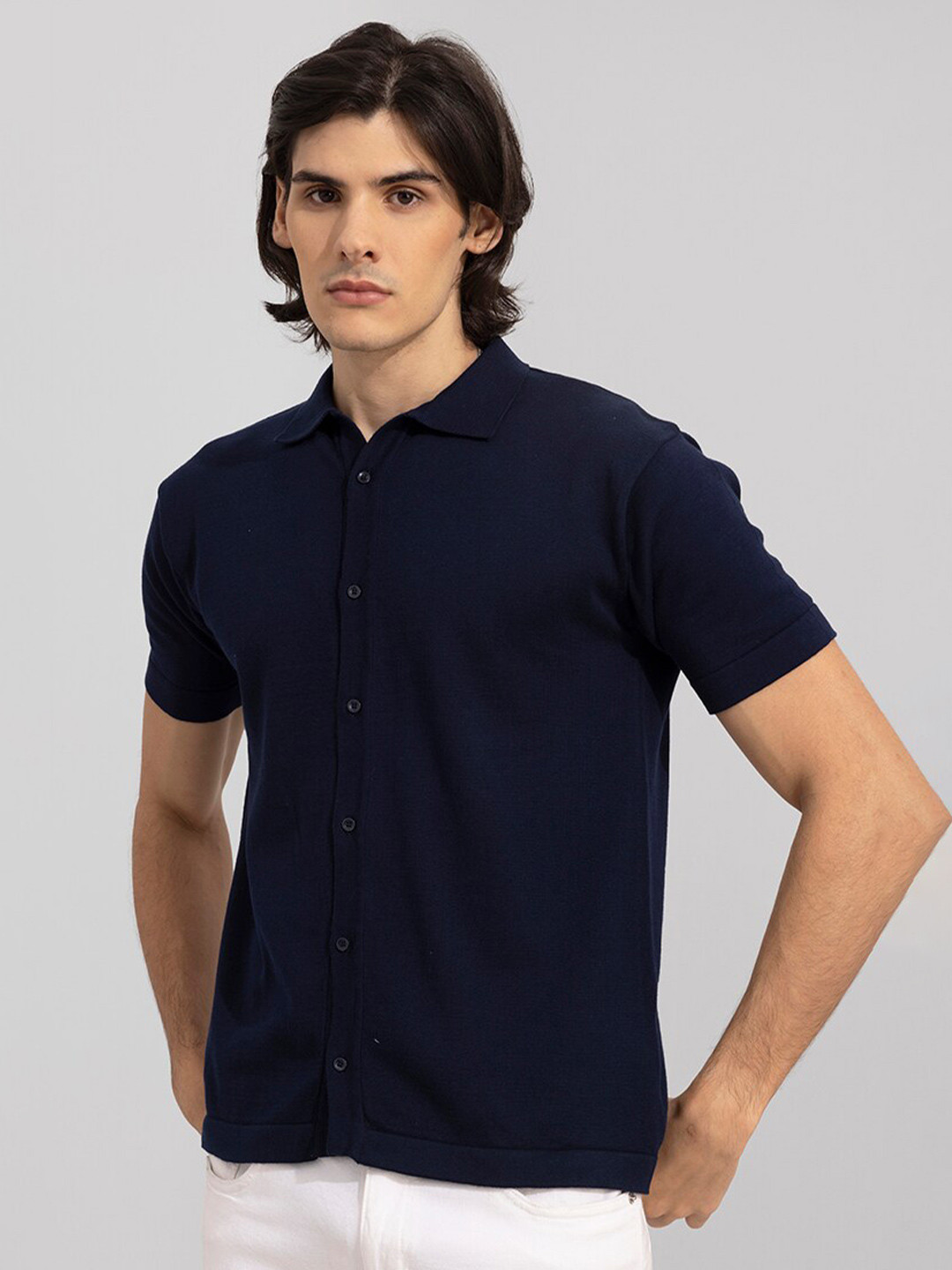 

Snitch Spread Collar Slim Fit Cotton Shirt, Navy blue