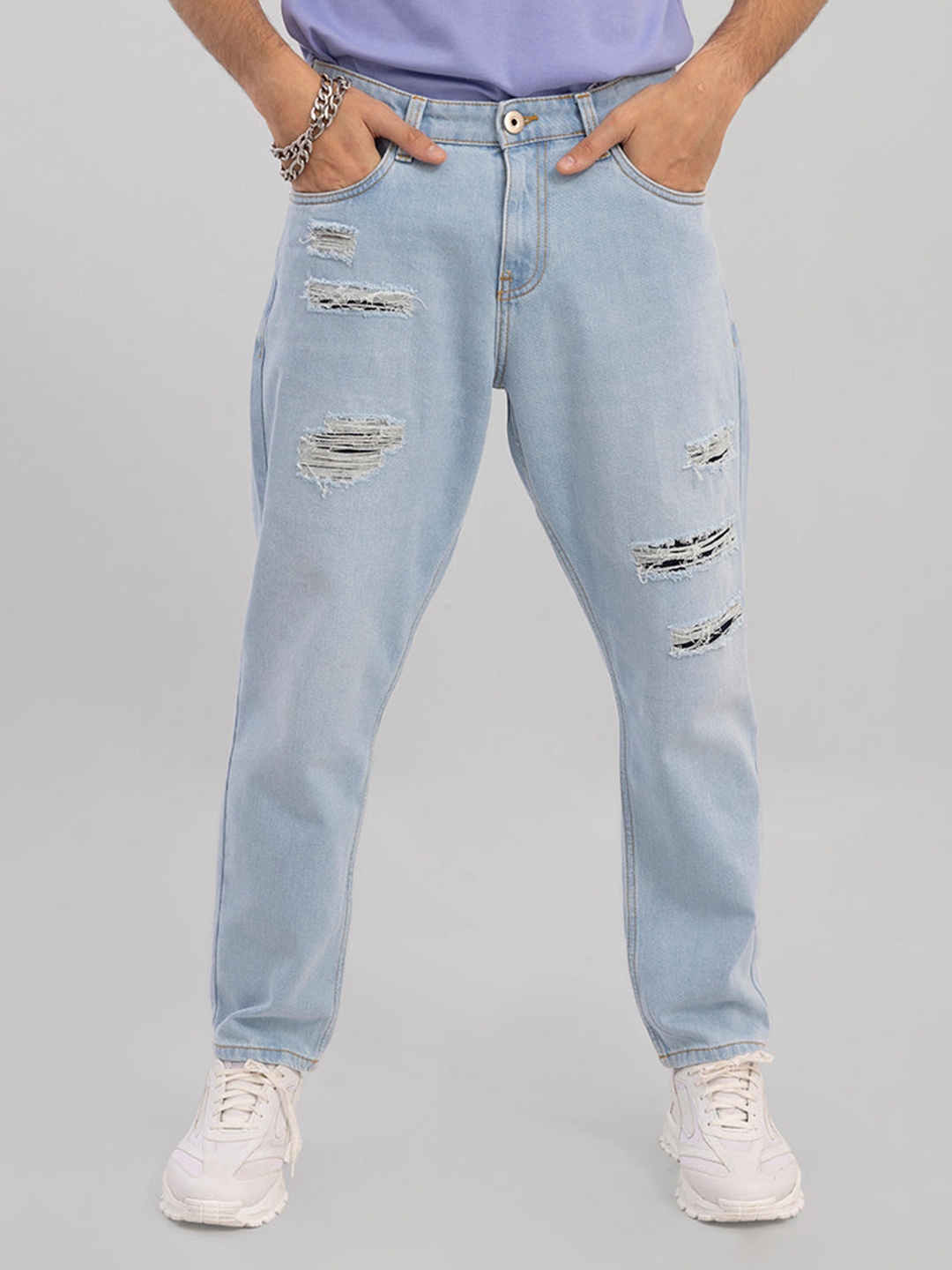 

Snitch Men Baggy Fit Wide Leg Mildly Distressed Light Fade Cotton Jeans, Blue