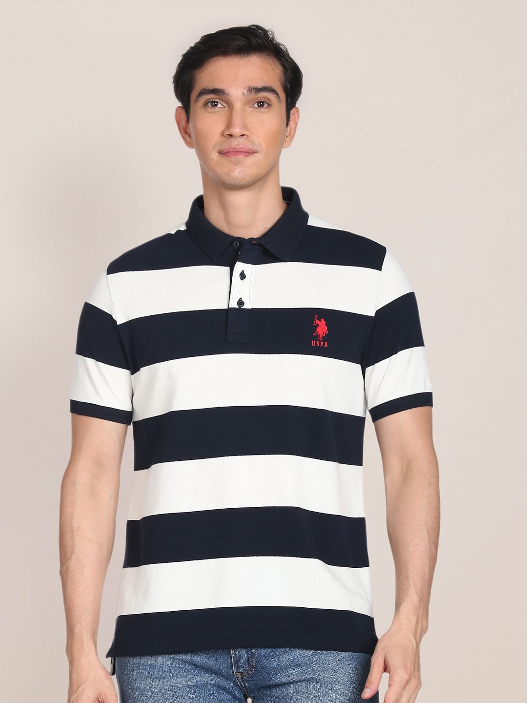 

U.S. Polo Assn. Striped Polo Collar Slim Fit Pure Cotton T-shirt, White