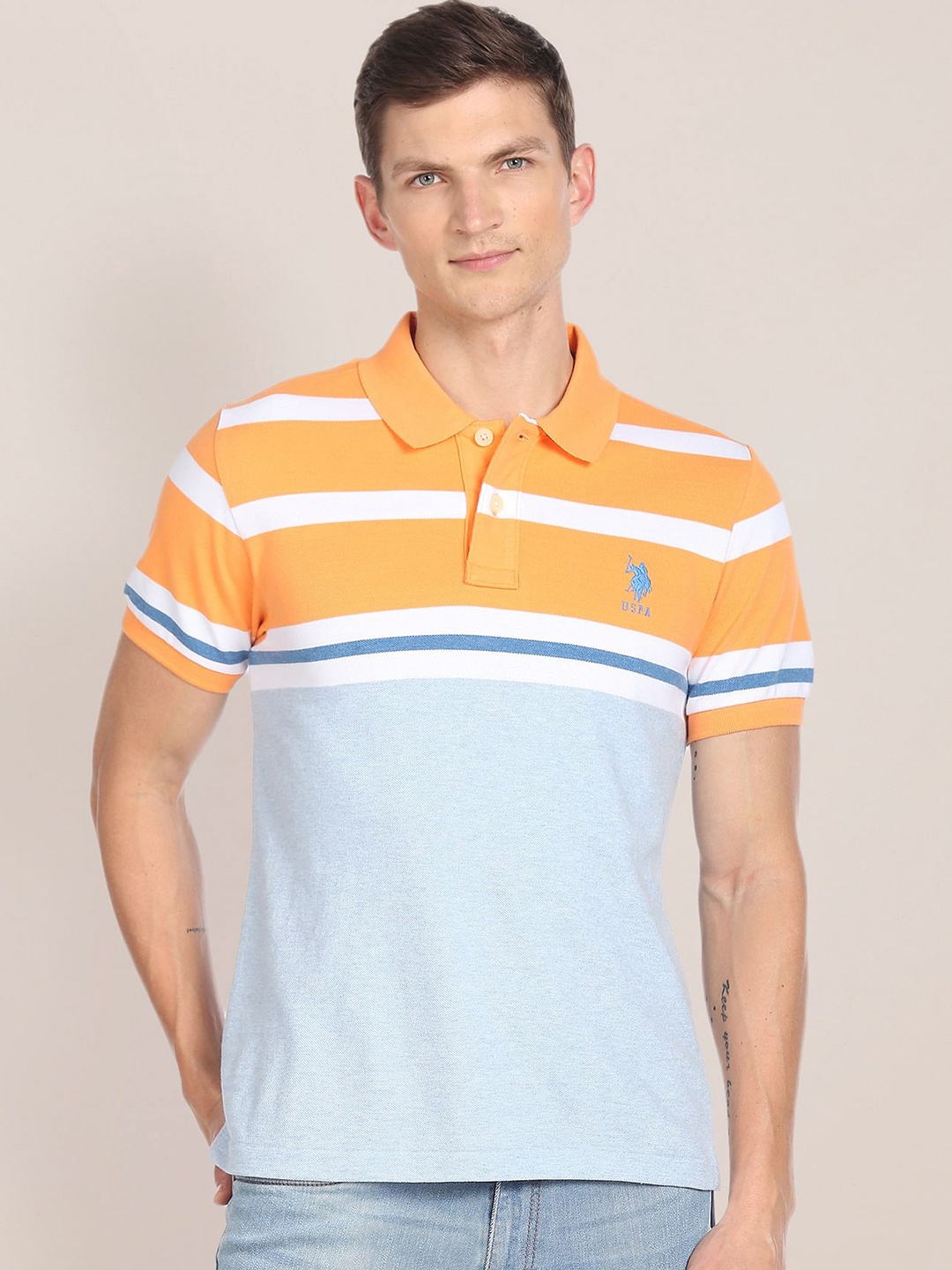 

U.S. Polo Assn. Striped Polo Collar Slim Fit Pure Cotton T-shirt, Orange