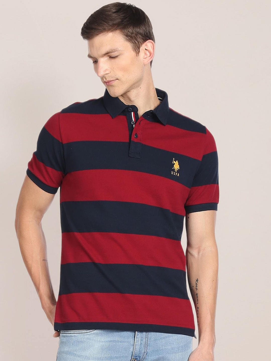 

U.S. Polo Assn. Striped Polo Collar Slim Fit Pure Cotton T-shirt, Red