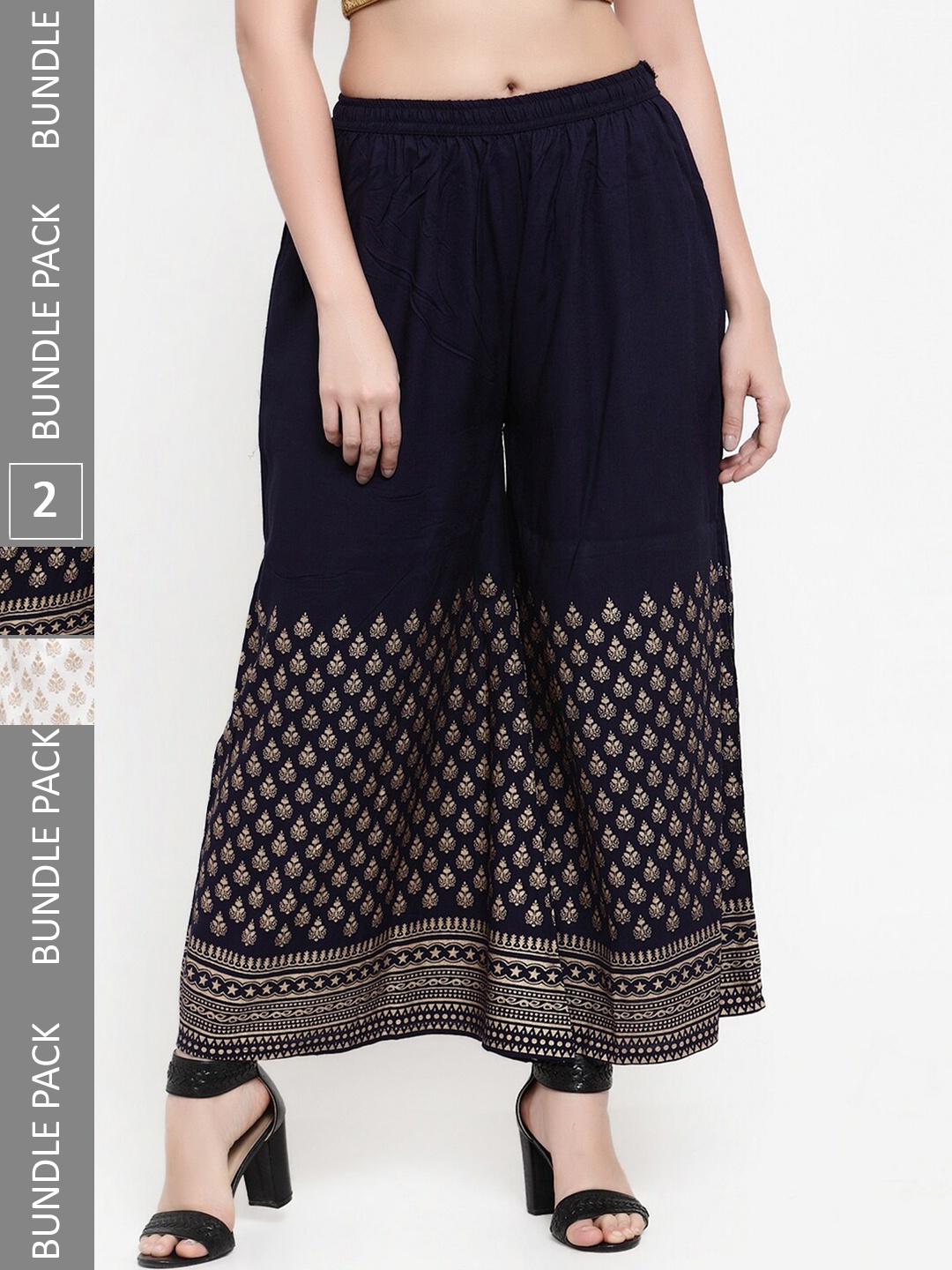 

borse lele Women Pack Of 2 Ethnic Motifs Printed Knitted Palazzos, Off white