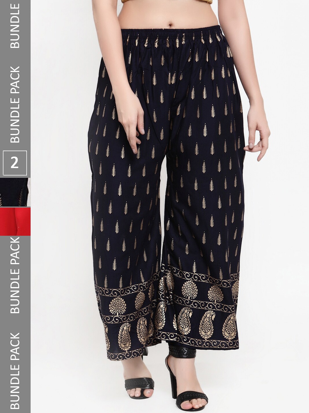 

borse lele Women Pack of 2 Ethnic Motifs Printed Straight Fit Palazzos, Navy blue