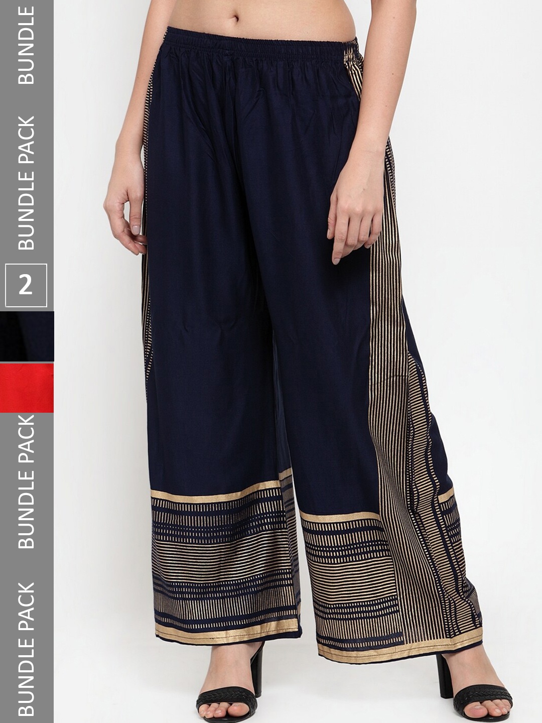 

borse lele Women Pack Of 2 Striped Printed Palazzos, Navy blue