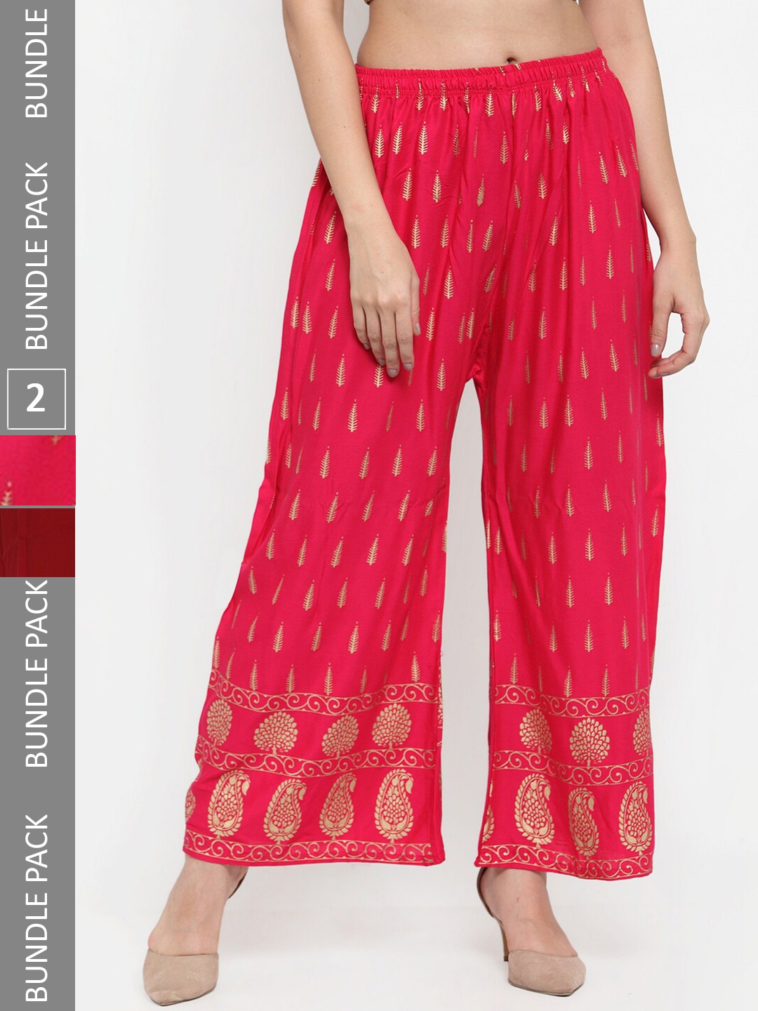 

borse lele Women Pack Of 2 Ethnic Motifs Printed Wide Leg Palazzos, Pink