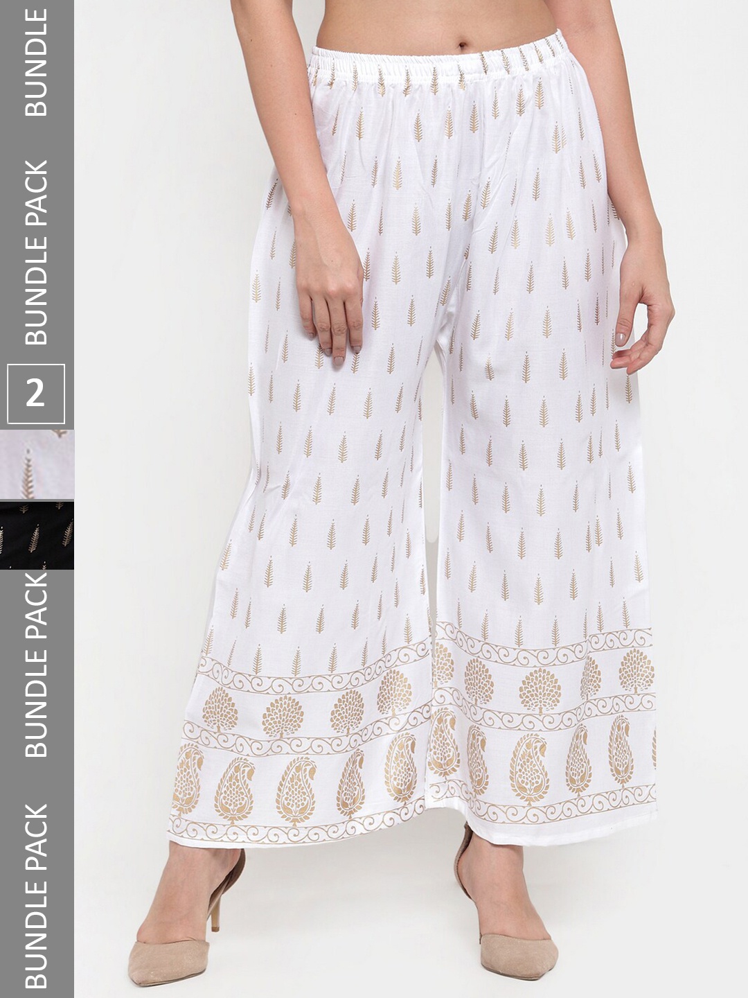 

borse lele Women Pack Of 2 Ethnic Motifs Printed Knitted Palazzos, White