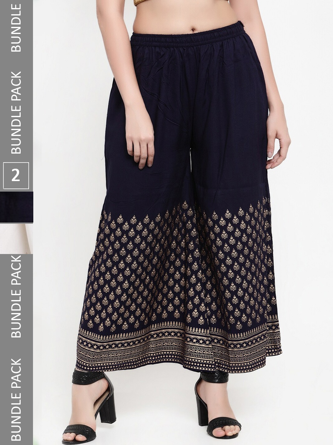

borse lele Women Pack Of 2 Ethnic Motifs Printed Wide Leg Palazzos, Navy blue