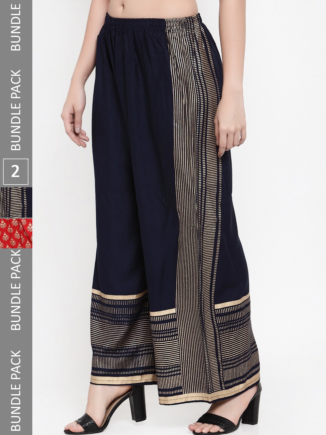 

borse lele Women Pack Of 2 Ethnic Motif Printed Knitted Palazzos, Navy blue