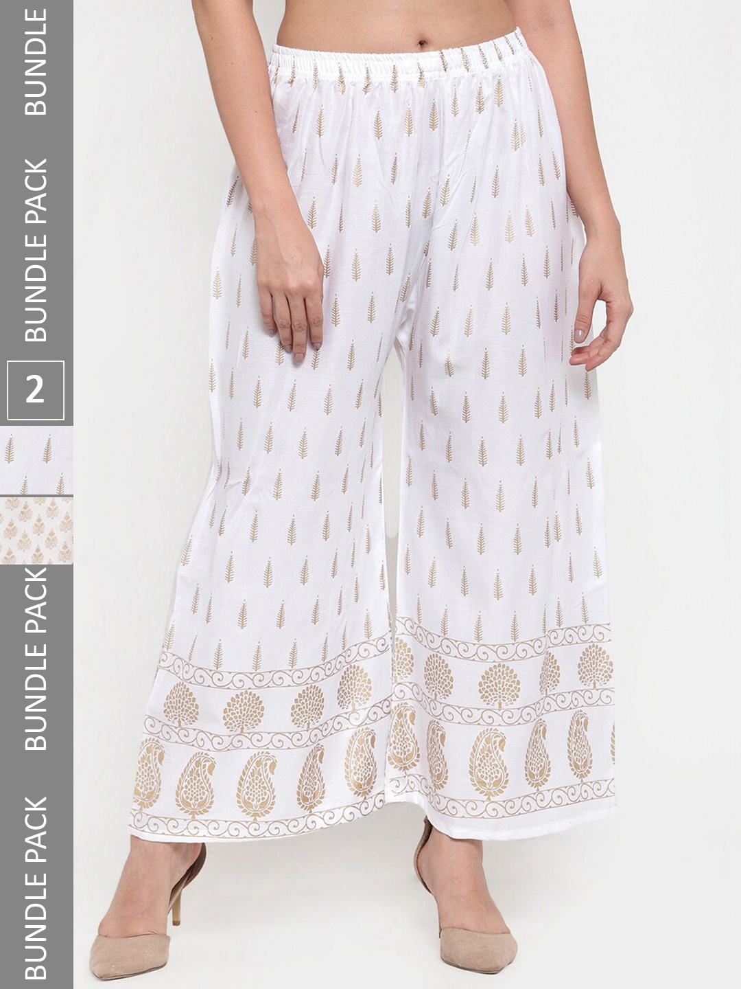 

borse lele Women Pack Of 2 Ethnic Motifs Printed Knitted Palazzos, White