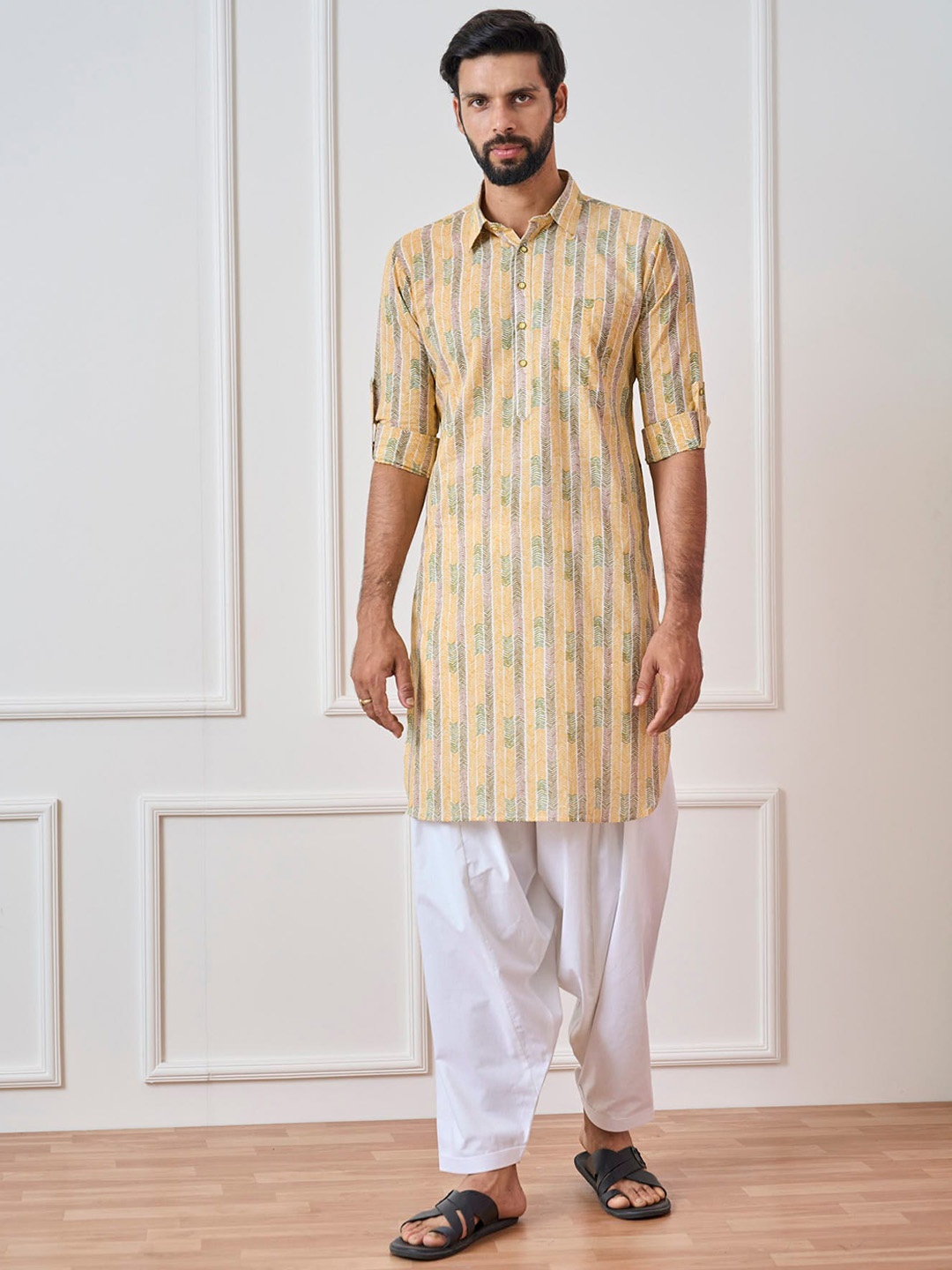 

See Designs Chevron Printed Roll-Up Sleeves Pathani Pure Cotton Kurta, Mustard