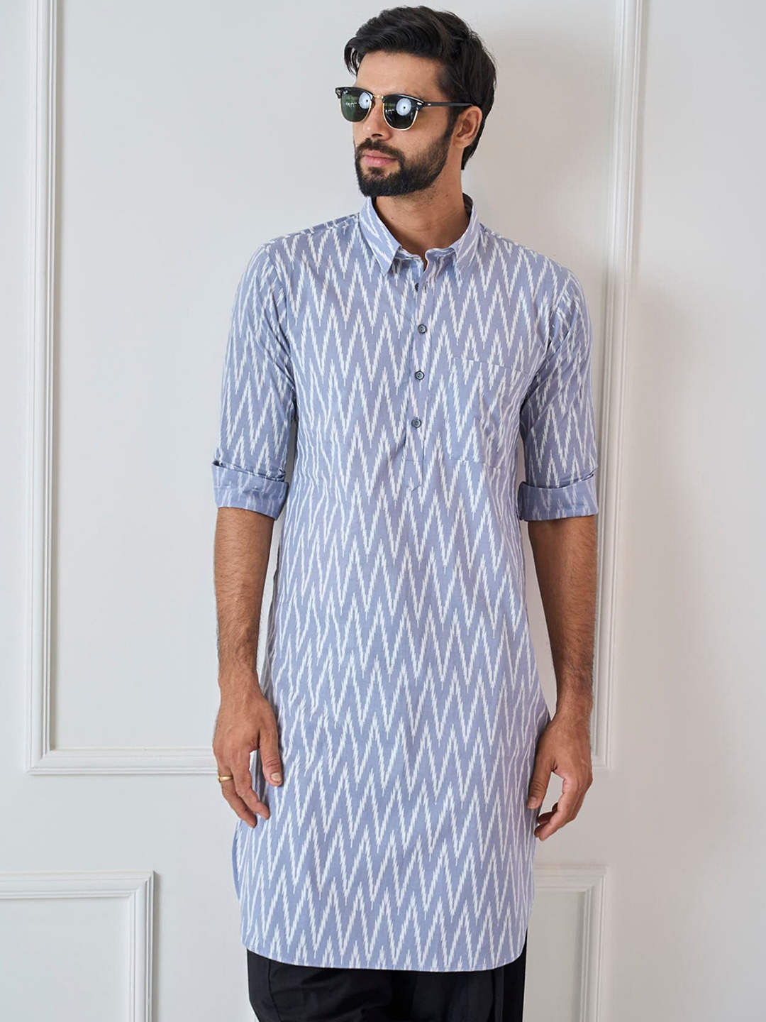 

See Designs Chevron Printed Shirt Collar Pure Cotton Kurta, Grey