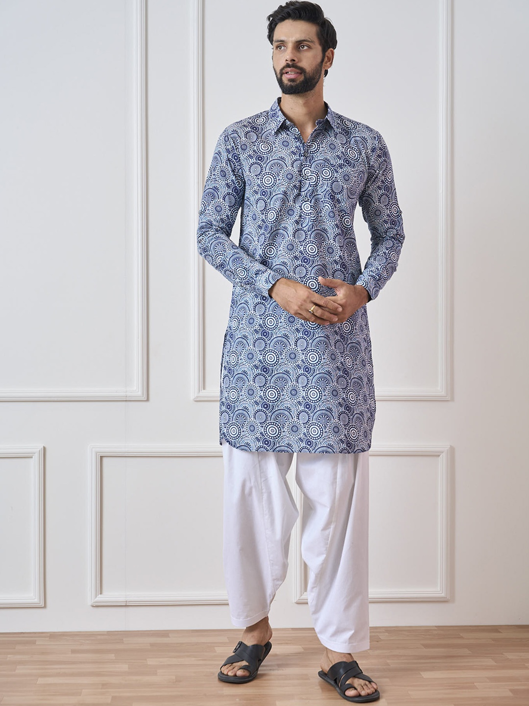 

See Designs Shirt Collar Ethnic Motifs Printed Pathani Pure Cotton Kurta, Blue