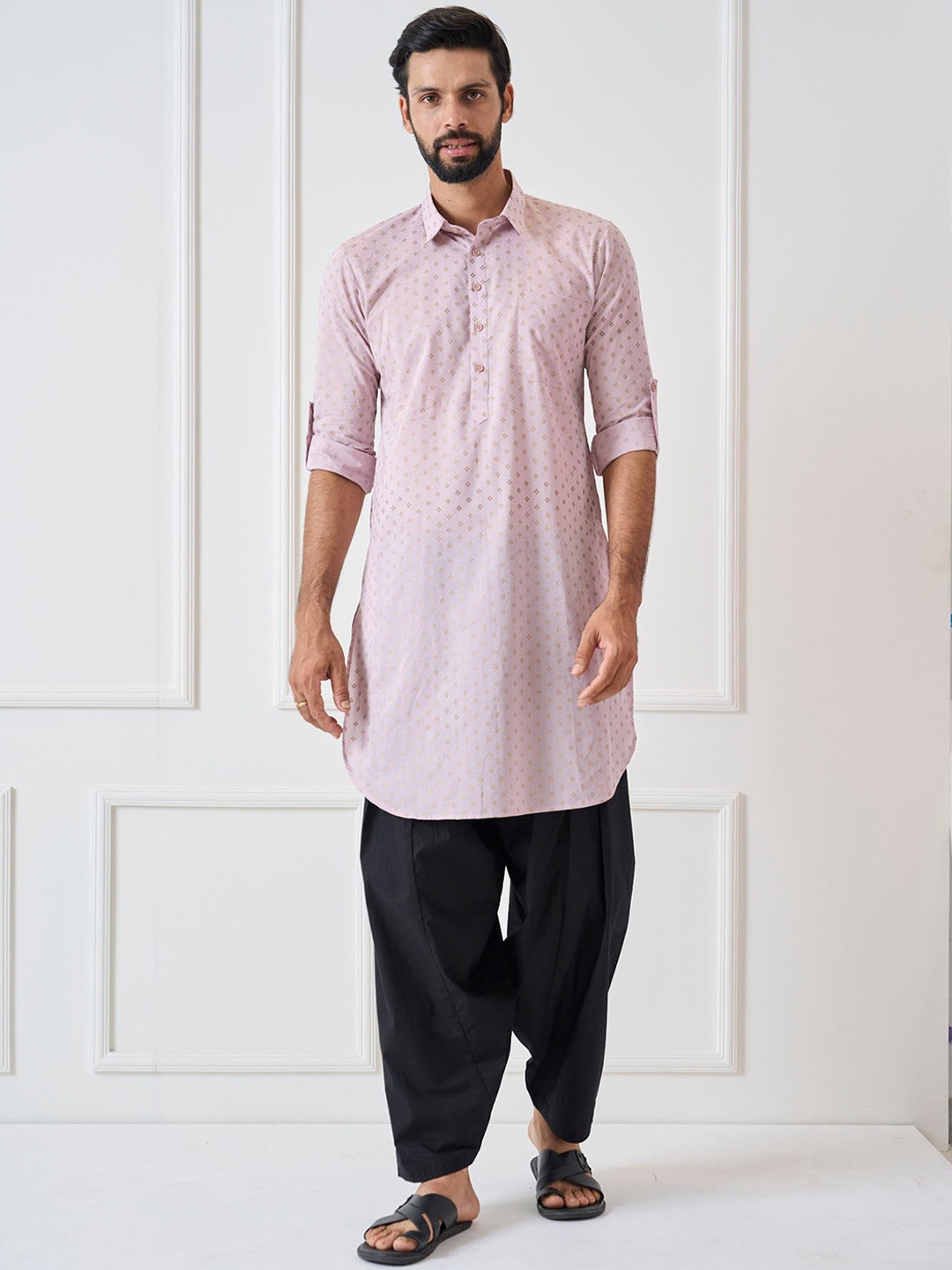 

See Designs Shirt Collar Geometric Printed Pure Cotton Pathani Kurta, Pink