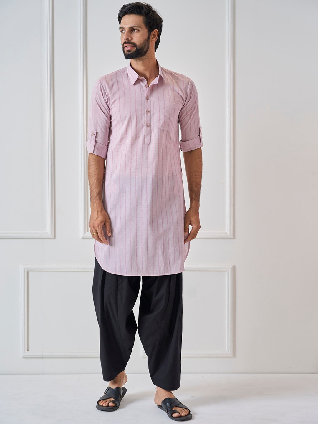 

See Designs Shirt Collar Striped Pure Cotton Pathani Kurta, Pink