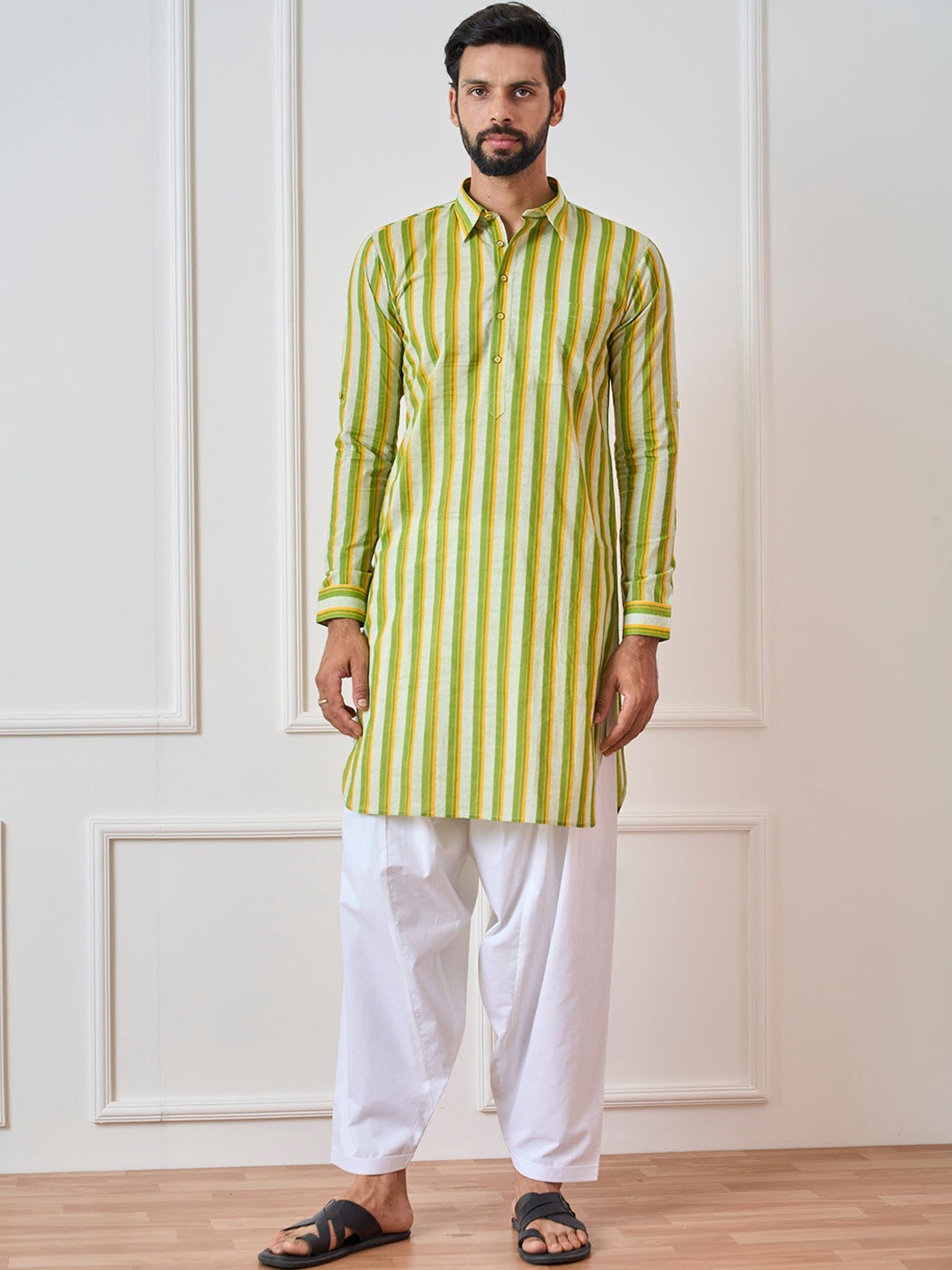 

See Designs Striped Shirt Collar Pure Cotton Kurta, Lime green