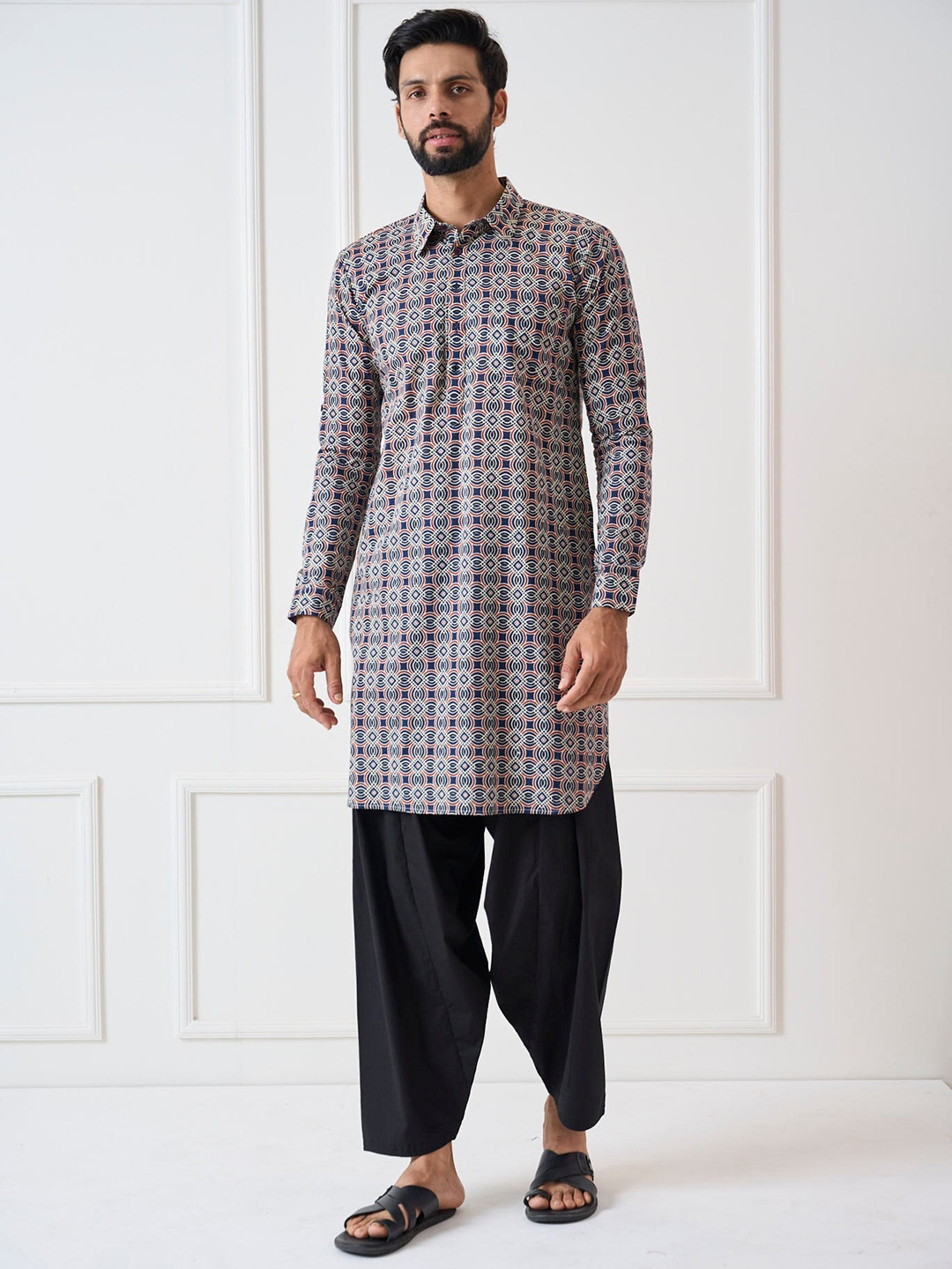

See Designs Ethnic Motif Printed Shirt Collar Pure Cotton Pathani Kurta, Blue