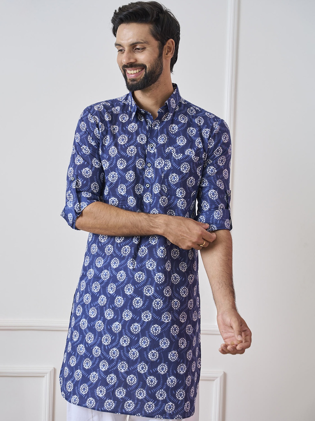 

See Designs Shirt Collar Ethnic Motifs Printed Pathani Pure Cotton Kurta, Blue