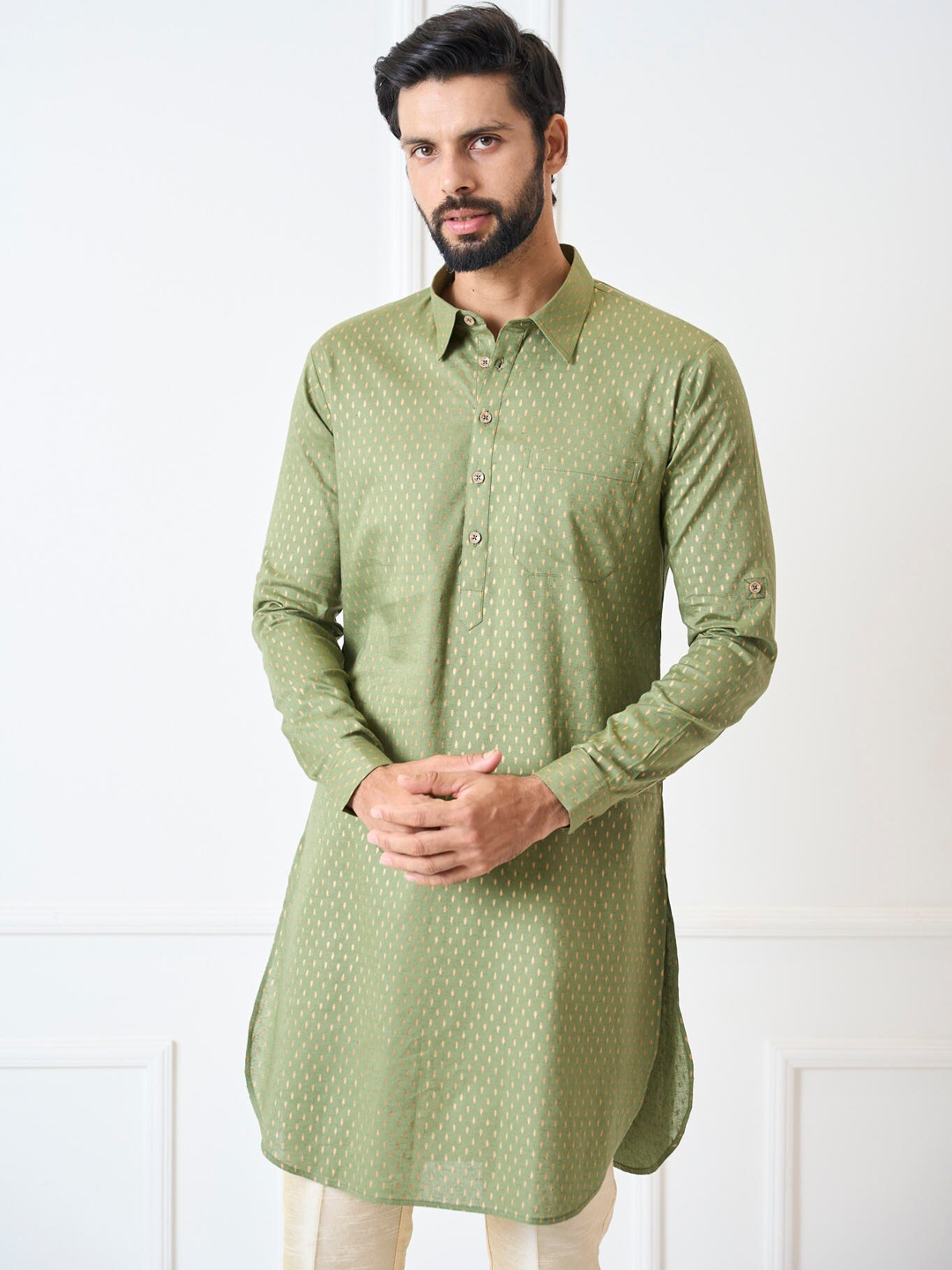 

See Designs Ethnic Motif Printed Shirt Collar Pure Cotton Kurta, Olive