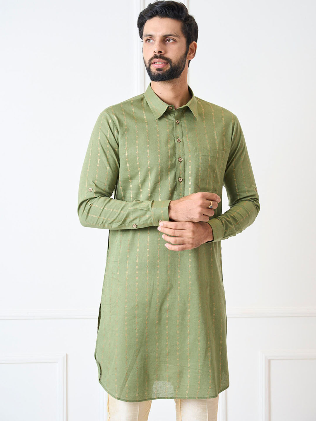 

See Designs Shirt Collar Striped Pure Cotton Pathani Kurta, Olive
