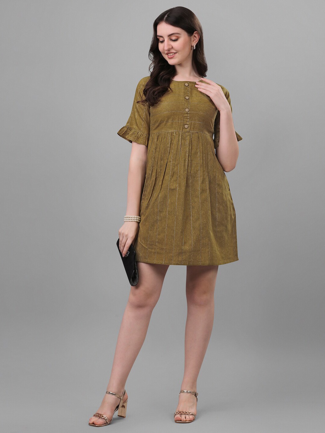 

HERE&NOW Khaki Striped Bell Sleeves Cotton A-Line Dress