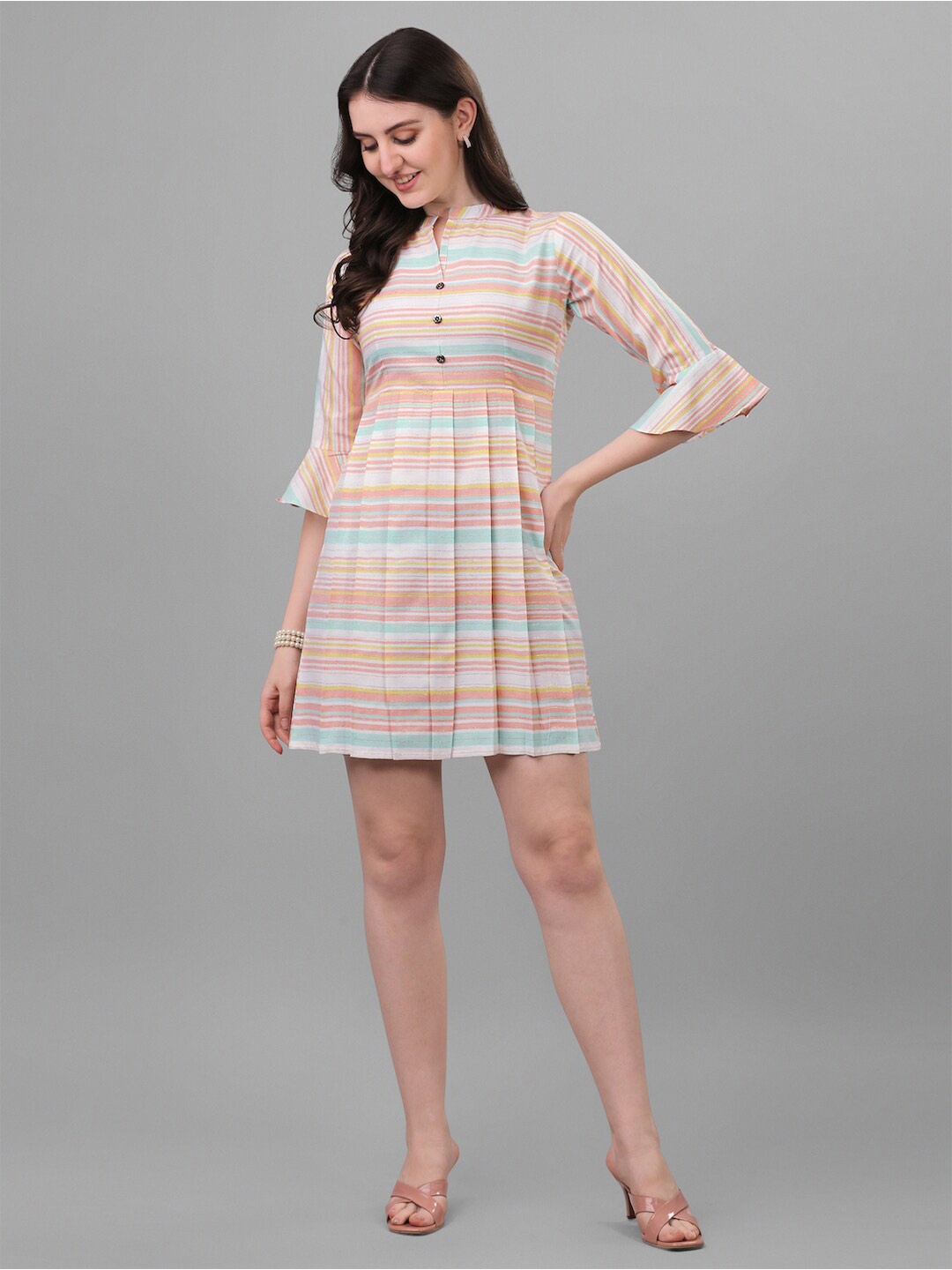 

HERE&NOW Sea Green Candy Striped Cotton A-Line Dress