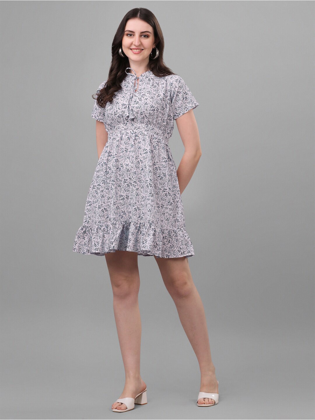 

HERE&NOW Blue Floral Printed Tie-up Neck Cotton Fit & Flare Dress
