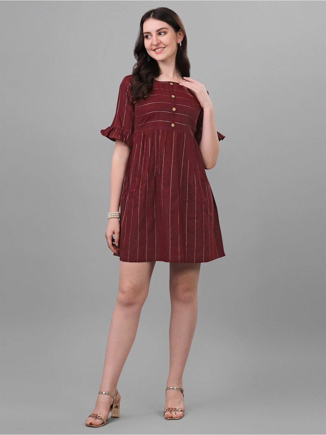 

HERE&NOW Maroon Striped Bell Sleeves Cotton A-Line Dress