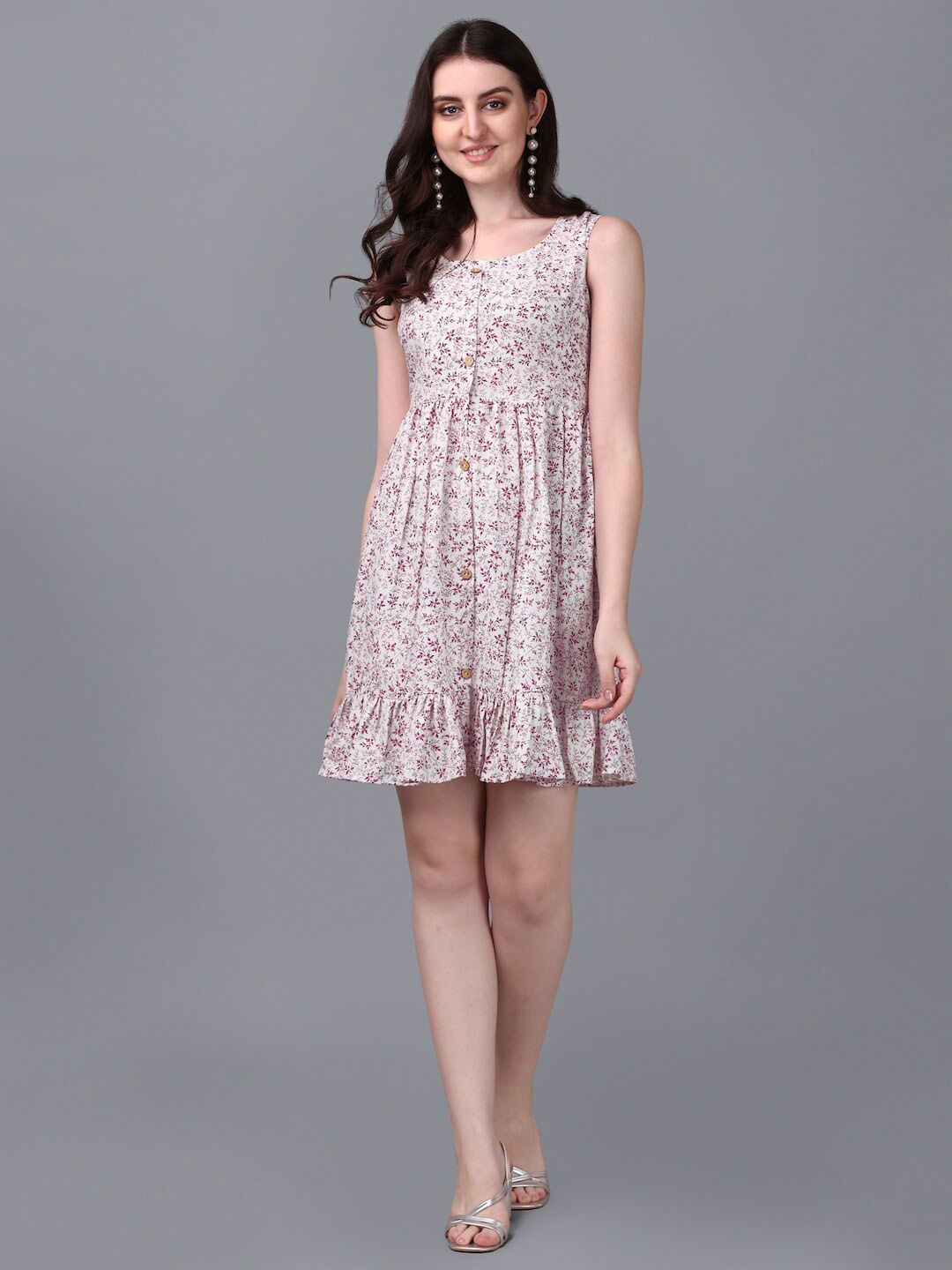 

HERE&NOW Floral Printed Cotton Fit & Flare Dress, Maroon