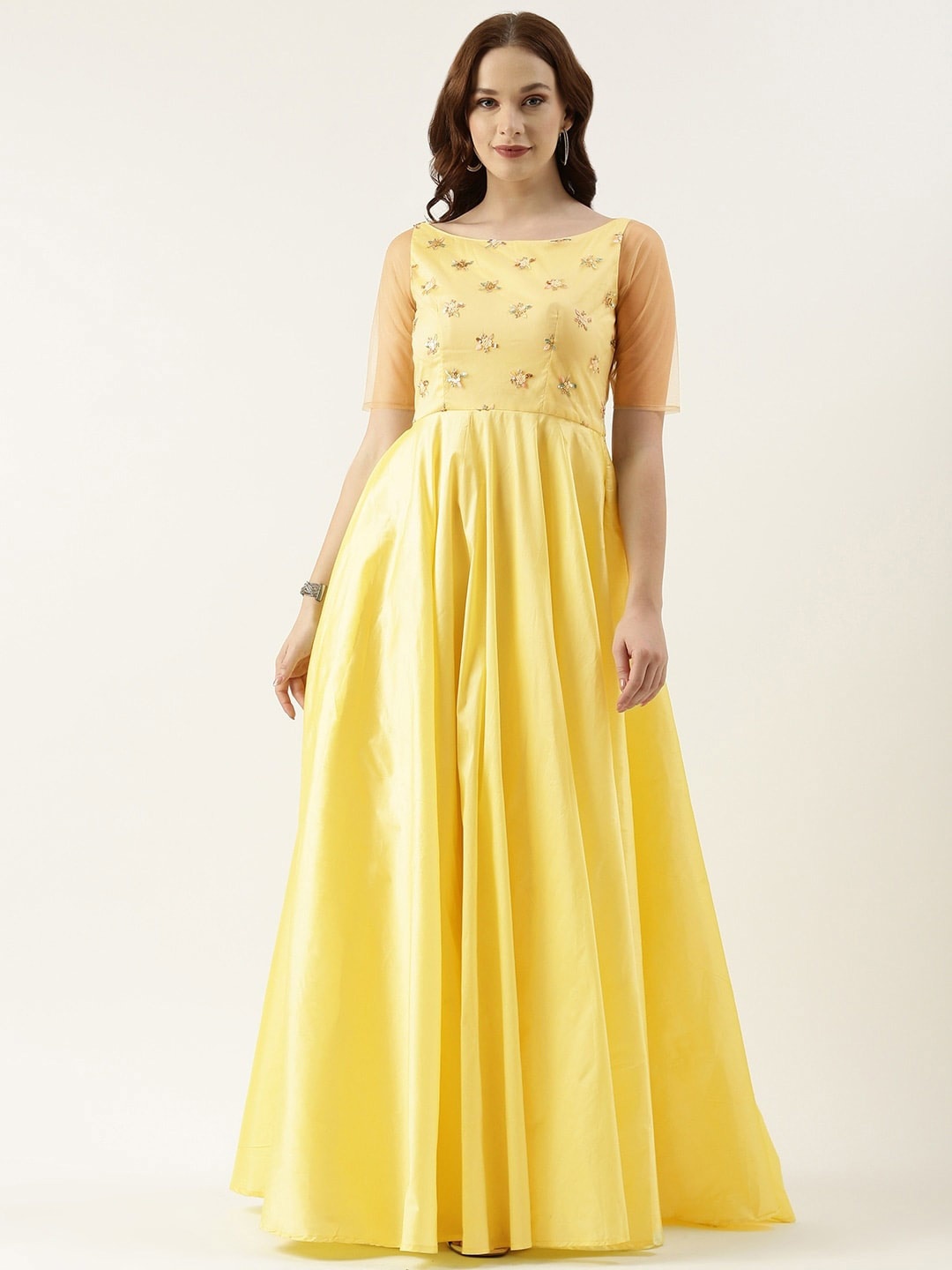 

Ethnovog Embellished Detailed Boat Neck Maxi Ethnic Dress, Yellow