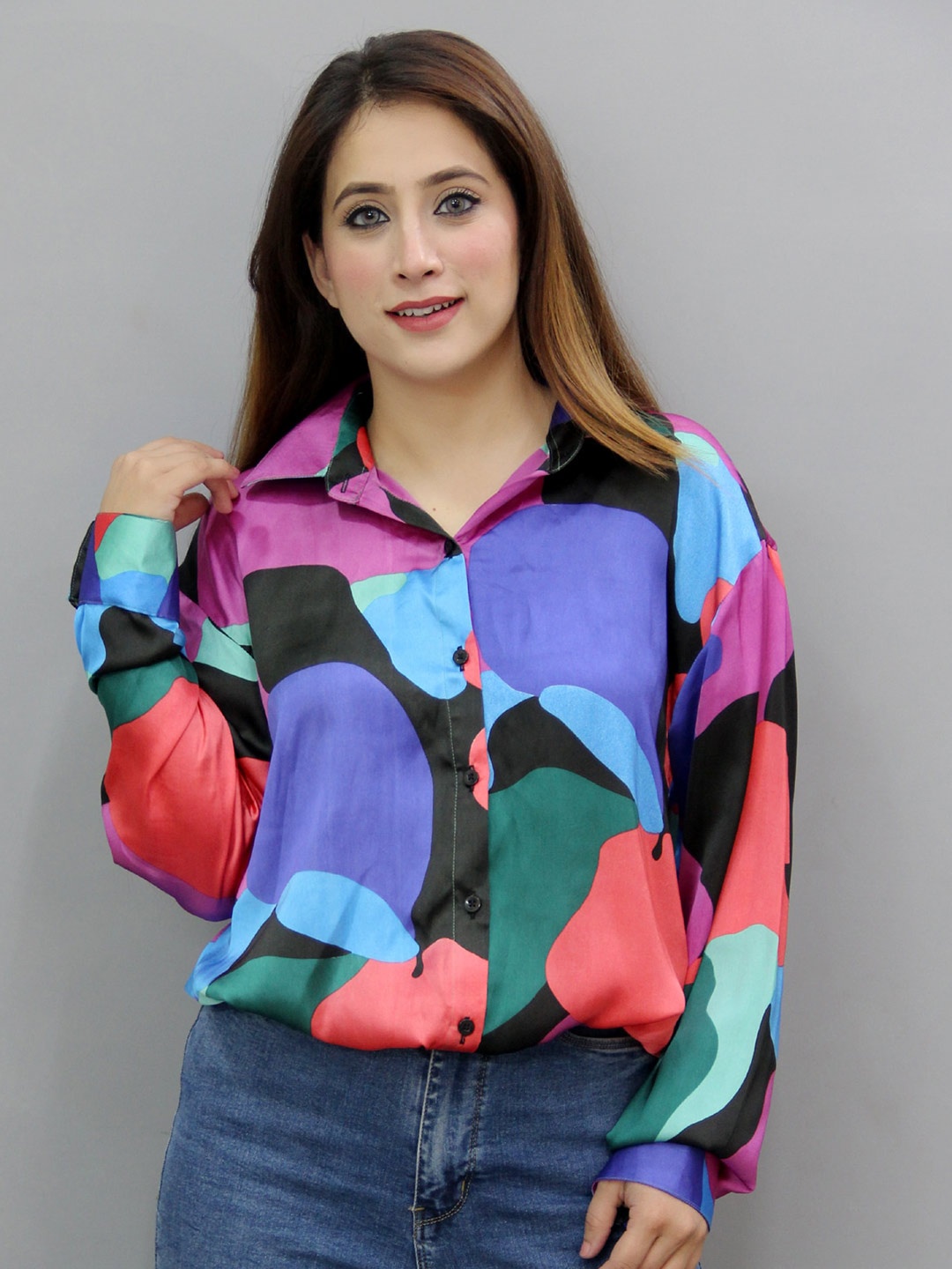 

CRAZEVILLA Comfort Abstract Printed Satin Casual Shirt, Blue