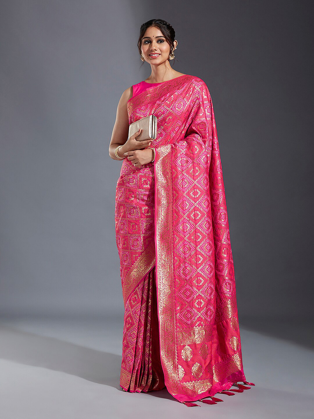

panchhi Ethnic Motif Woven Design Zari Satin Banarasi Saree, Pink