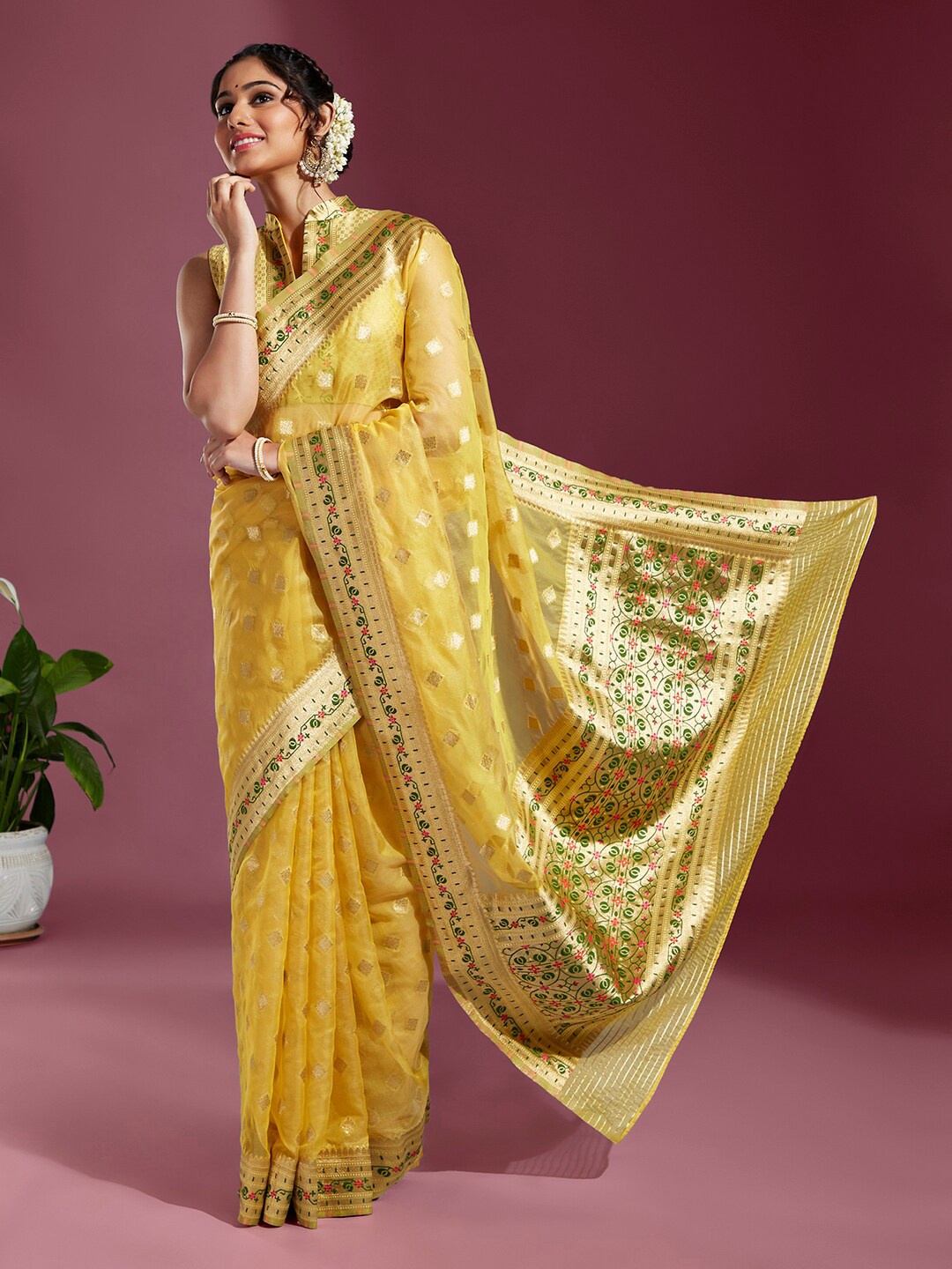 

panchhi Ethnic Woven Design Zari Organza Banarasi Saree, Mustard