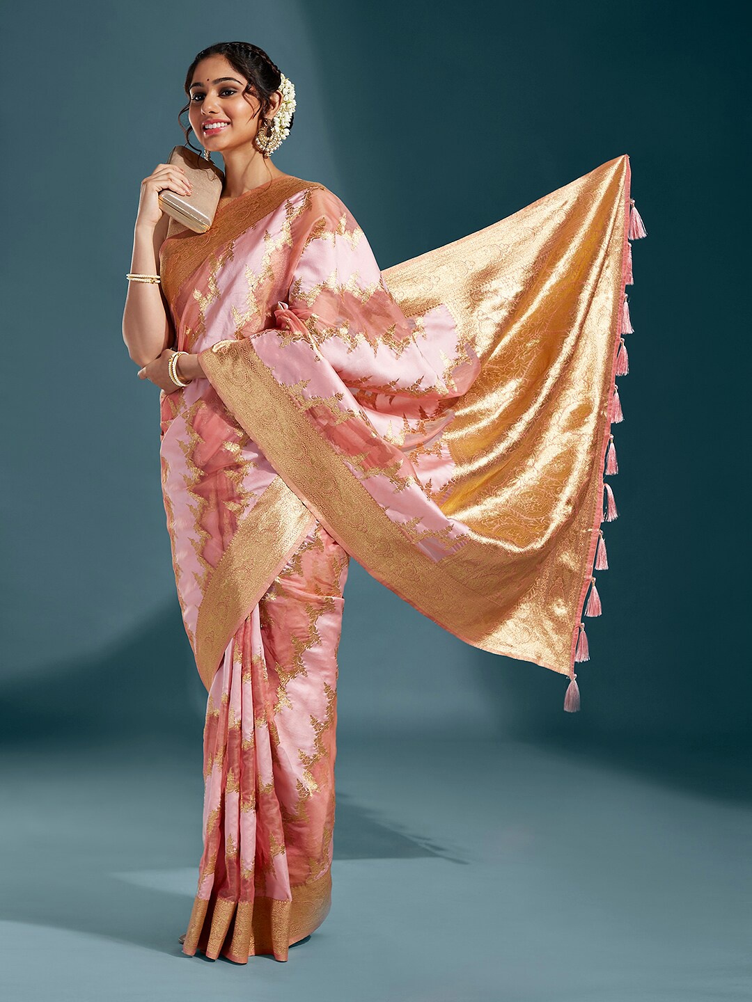 

panchhi Ethnic Motif Woven Design Zari Organza Banarasi Saree, Pink