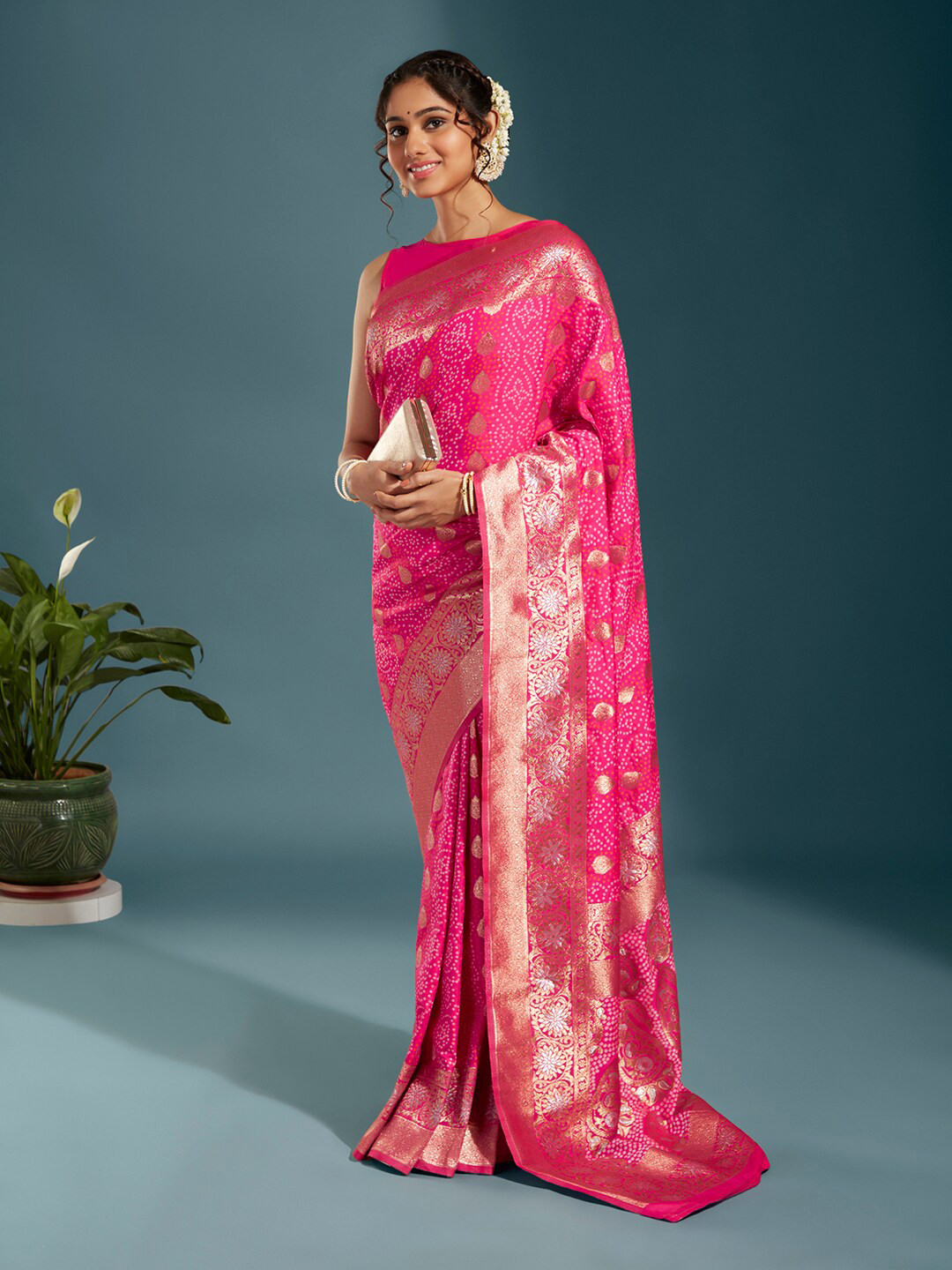 

panchhi Bandhani Printed Zari Satin Banarasi Saree, Pink