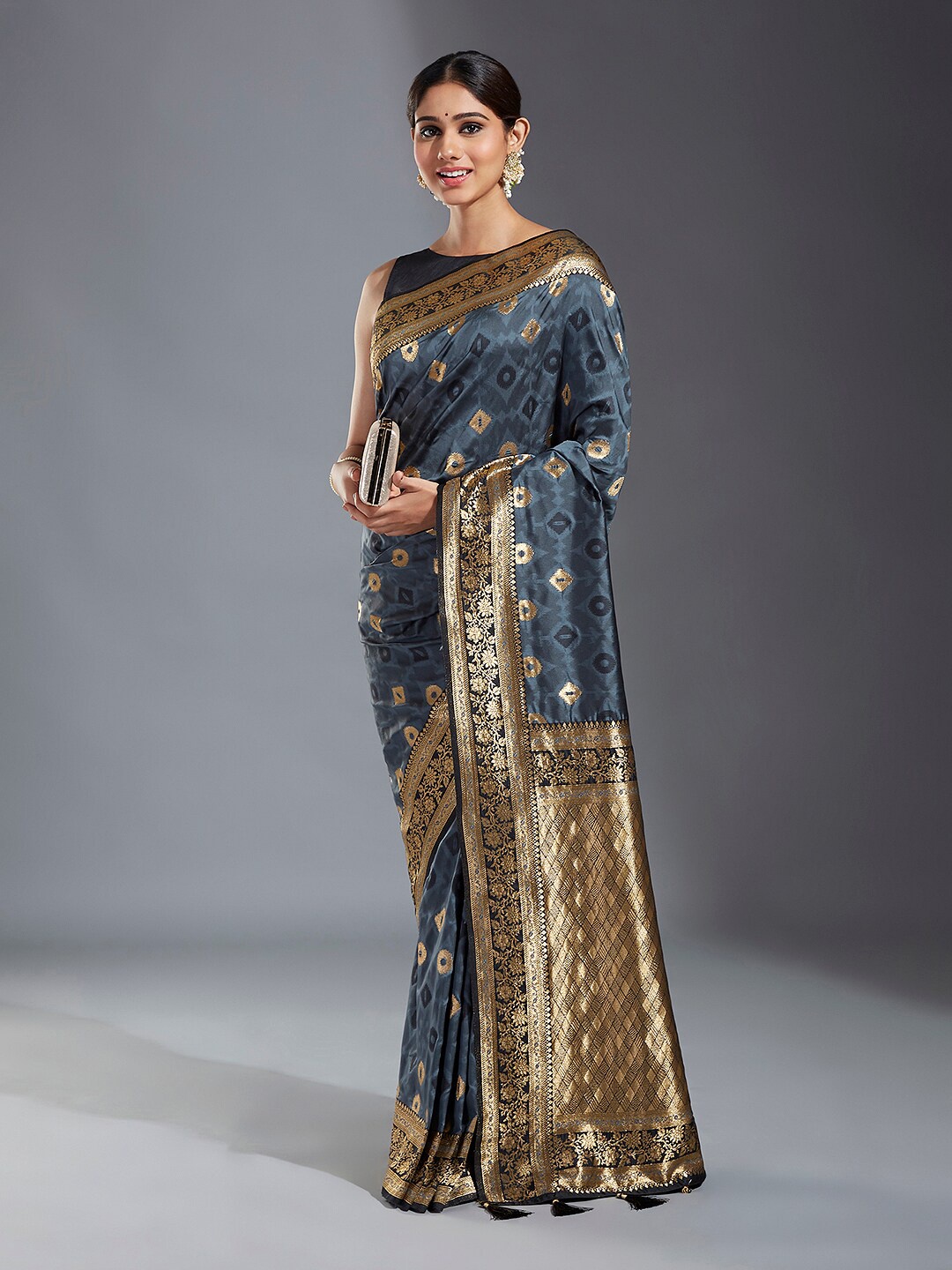 

panchhi Woven Design Zari Satin Banarasi Saree, Charcoal