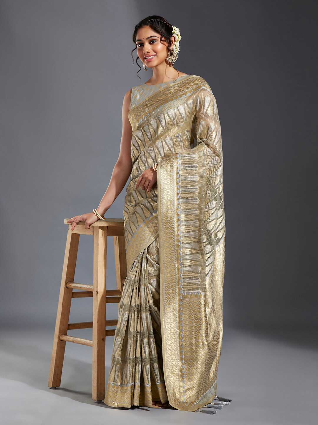 

panchhi Ethnic Motif Zari Organza Banarasi Saree With Tassle, Grey