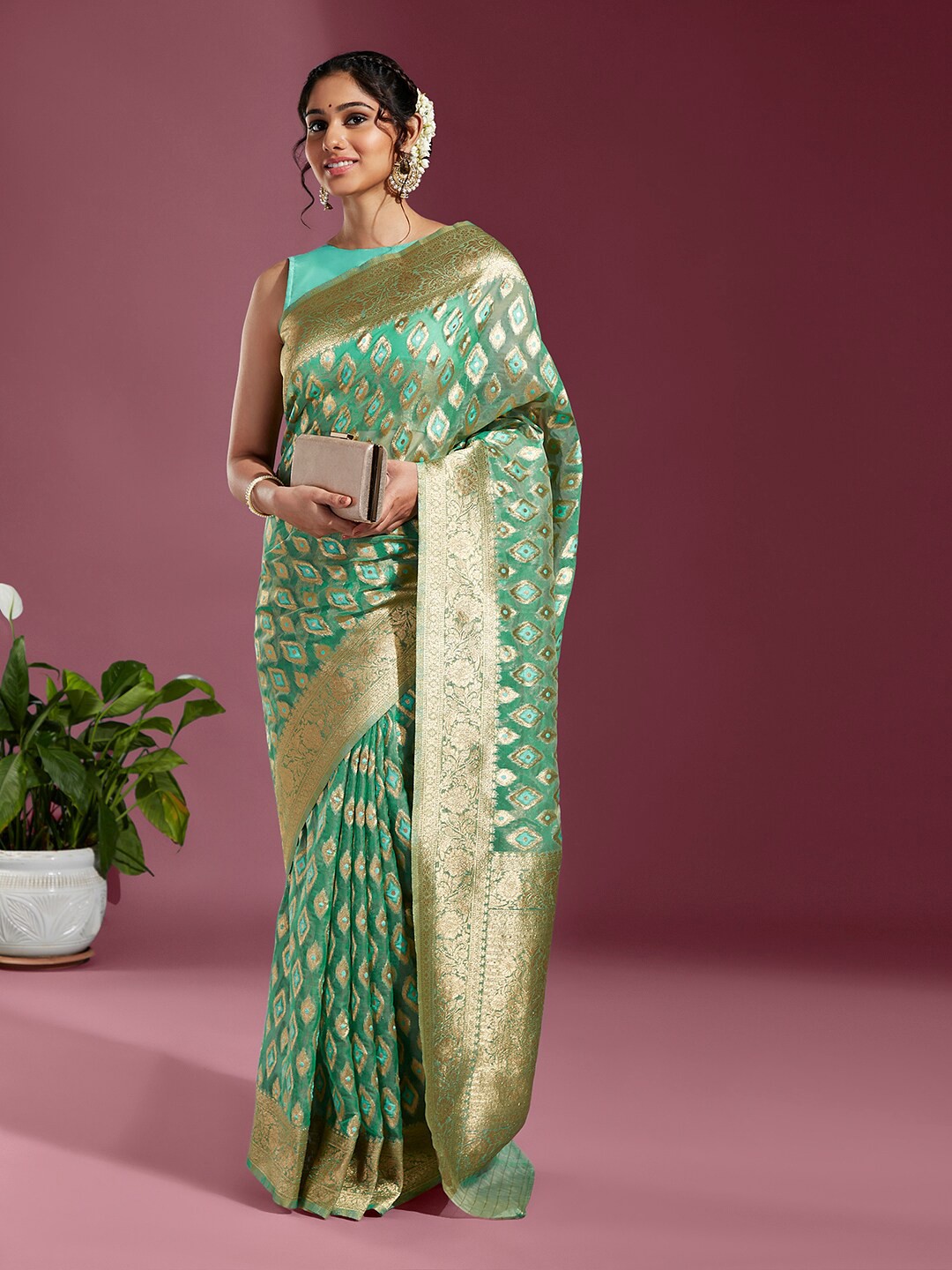 

panchhi Ethnic Motif Woven Design Zari Organza Banarasi Saree, Green