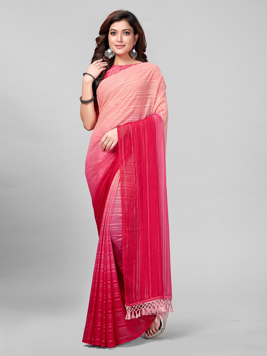 

KALINI Striped Sequinned Saree, Peach