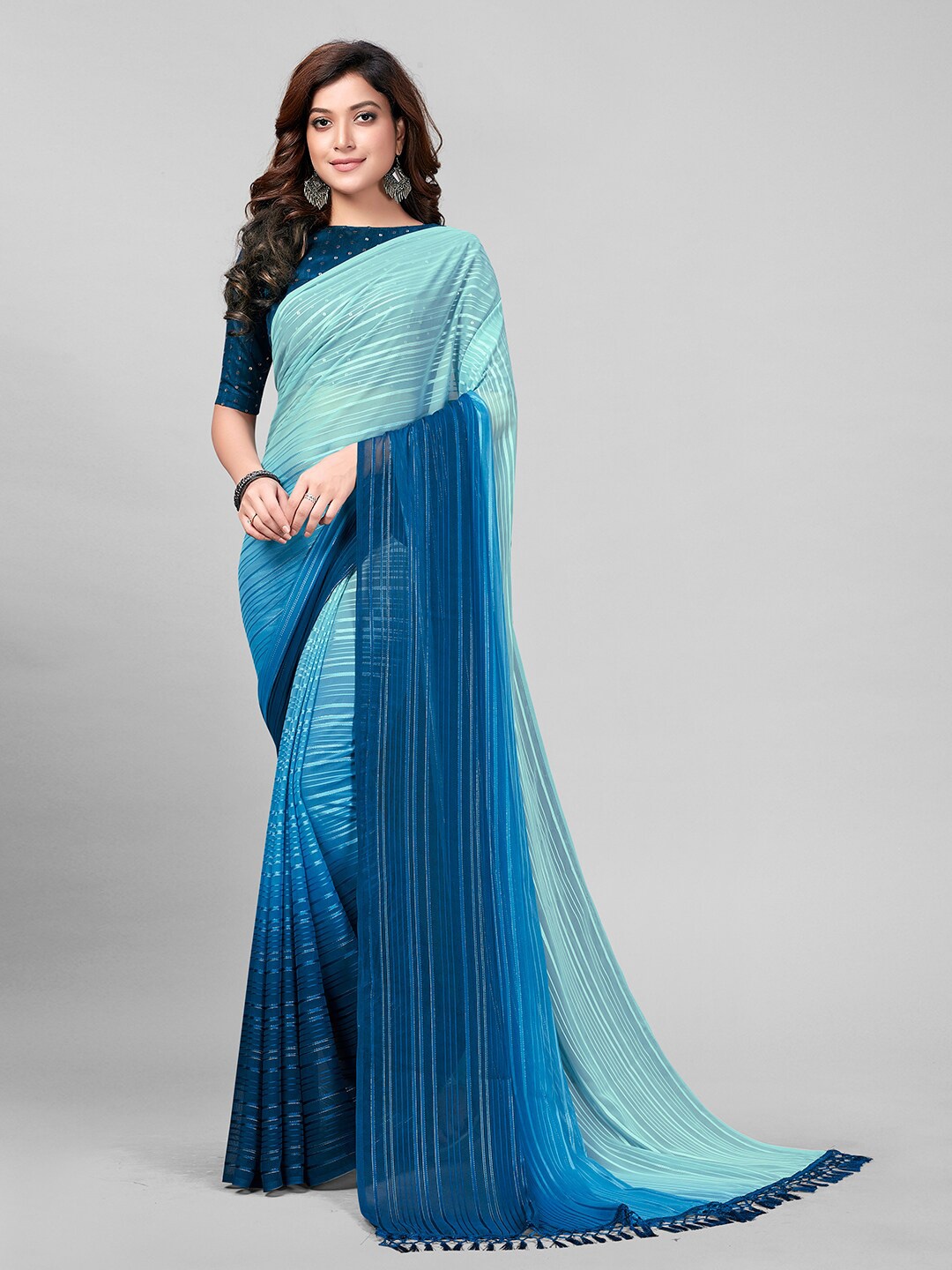 

KALINI Striped Silk Blend Saree With Blouse Piece, Blue