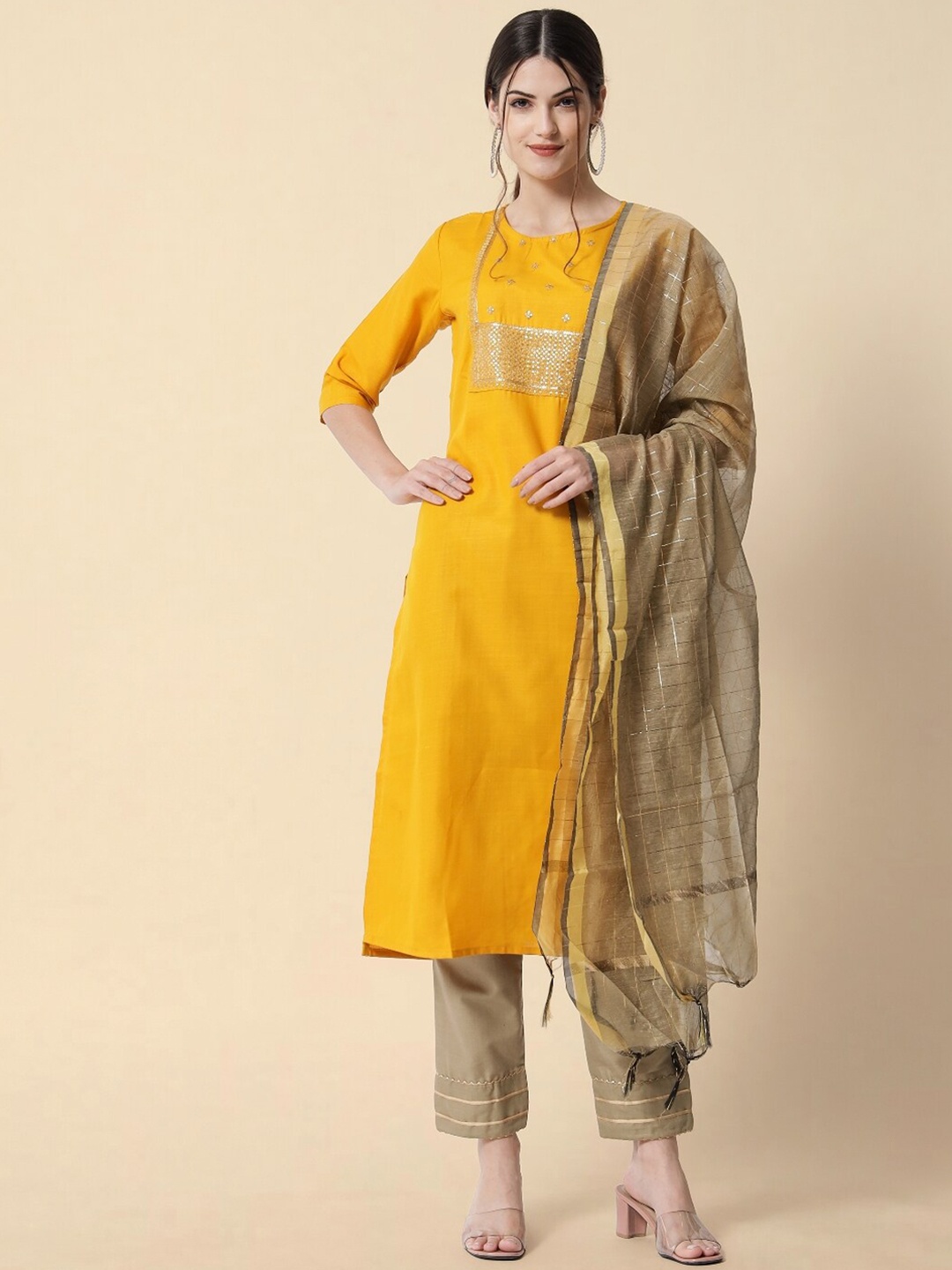 

KALINI Ethnic Motifs Yoke Design Sequinned Pure Cotton Kurta with Trousers & With Dupatta, Yellow