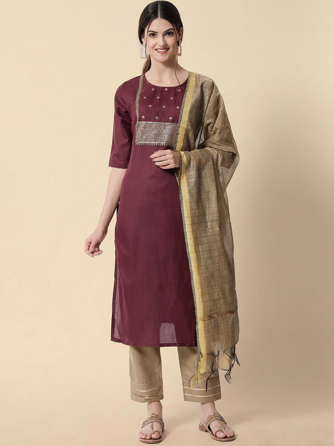 

KALINI Ethnic Motifs Yoke Design Sequinned Pure Cotton Kurta with Trousers & With Dupatta, Purple