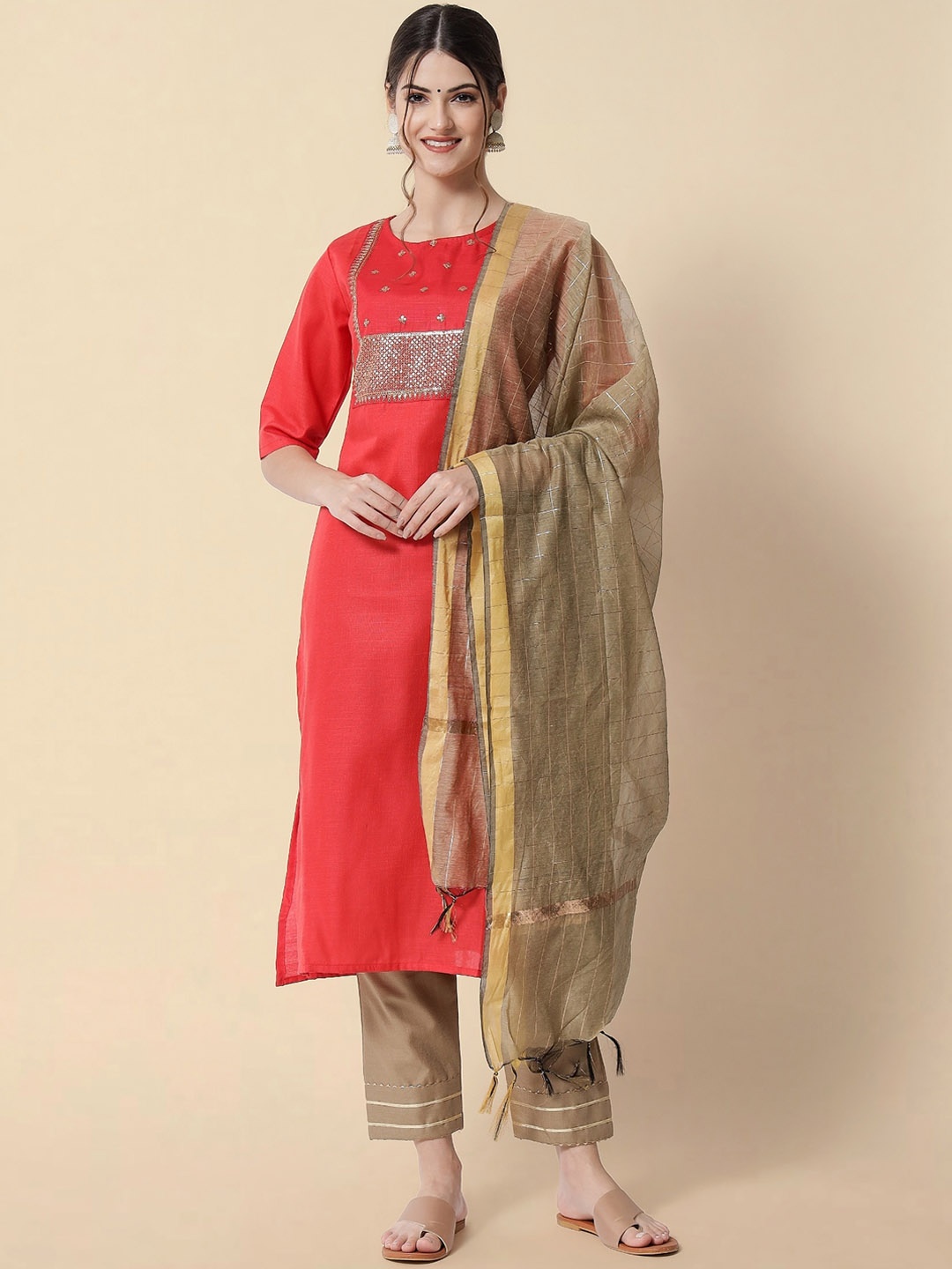 

KALINI Ethnic Motifs Yoke Design Sequinned Pure Cotton Kurta with Trousers & With Dupatta, Red